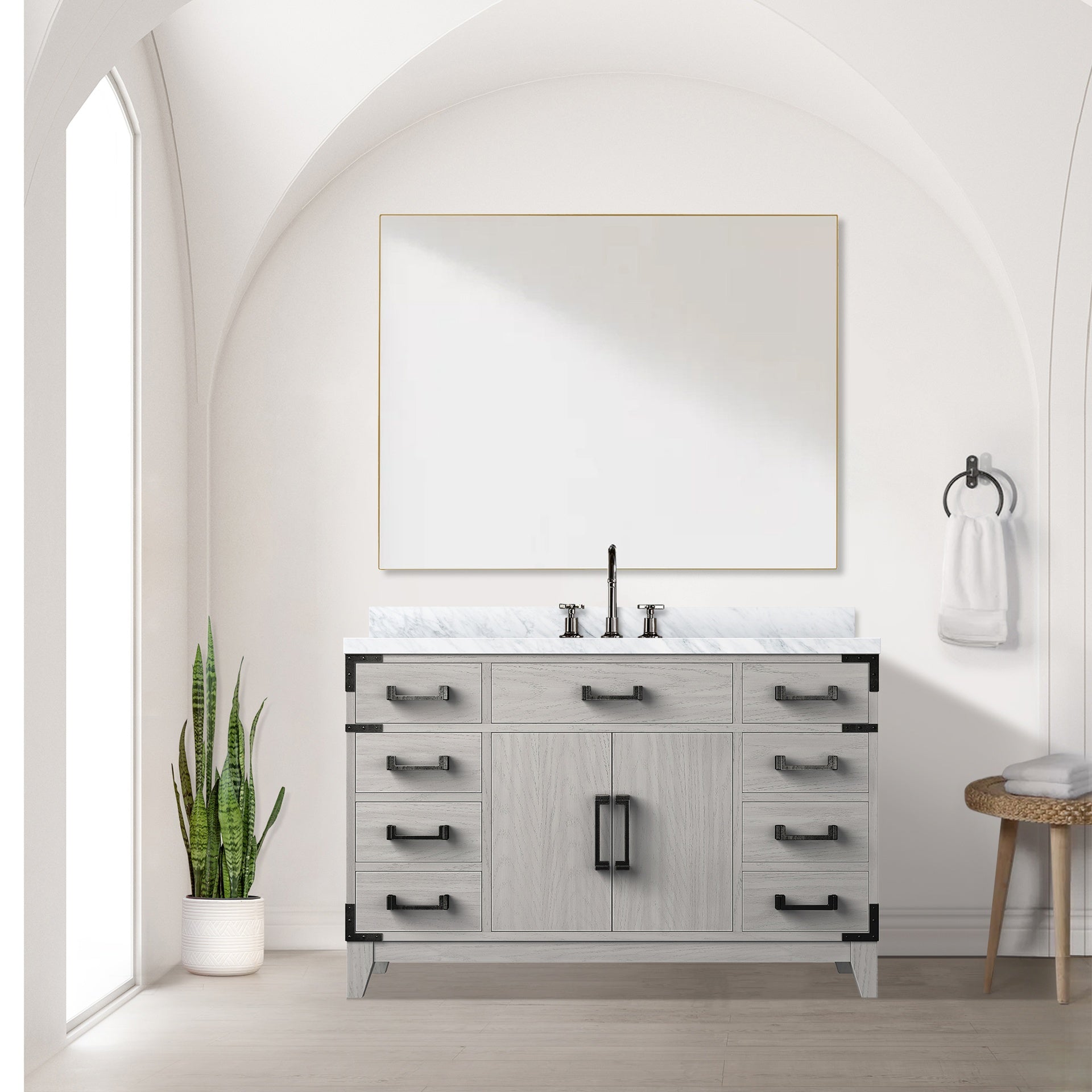 White Oak Single Bath Vanity 48 in. W x 22 in. D, Carrara Marble Top, Faucet Set, and 46 in. Mirror