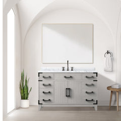 White Oak Single Bath Vanity 48 in. W x 22 in. D, Carrara Marble Top, Faucet Set, and 46 in. Mirror