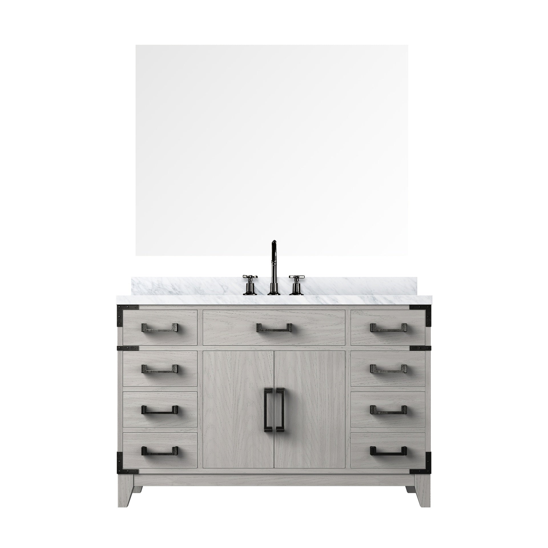 White Oak Single Bath Vanity 48 in. W x 22 in. D, Carrara Marble Top, Faucet Set, and 46 in. Mirror