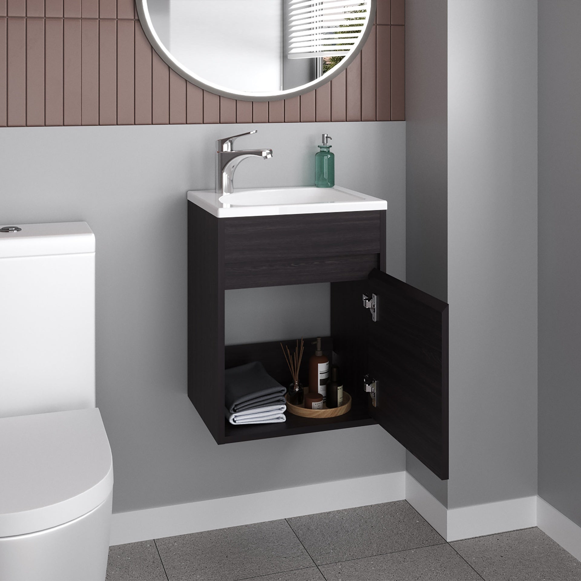 Furman Bathroom Vanity With Single Door And Open Shelf, Compact Floating Sink Base Cabinet, Black