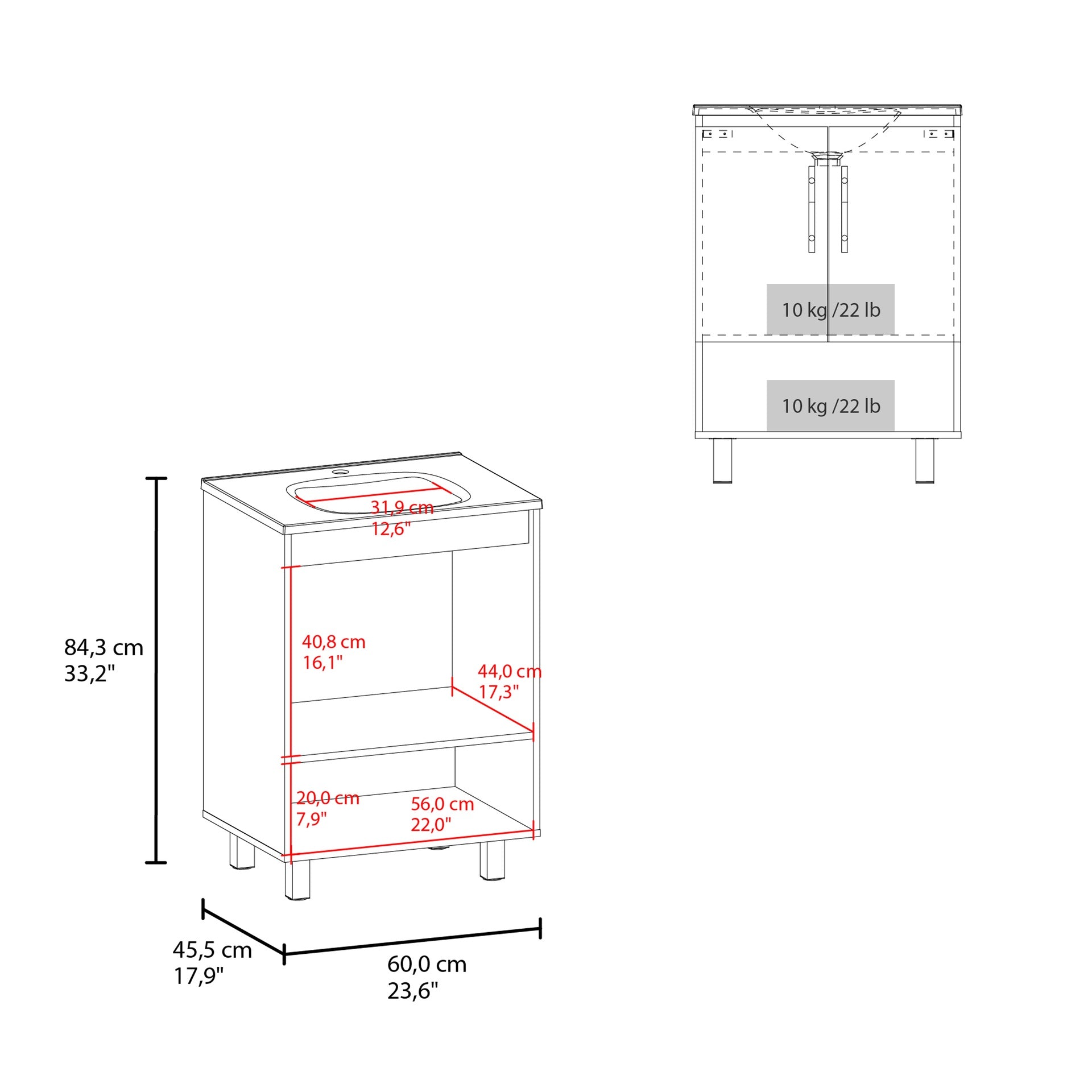 Conrad Free Standing Resin Sink Bathroom Vanity With One Door Cabinet, And Open Shelf, Black