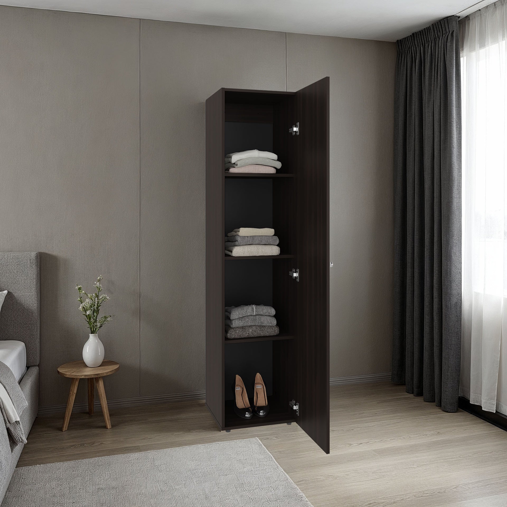 Home Linen Freestanding Tall Cabinet with Single Door, One Mirror and 4 Horizontal Storage Shelves, Cabinet for Bathroom, Bedroom or Laundry Room