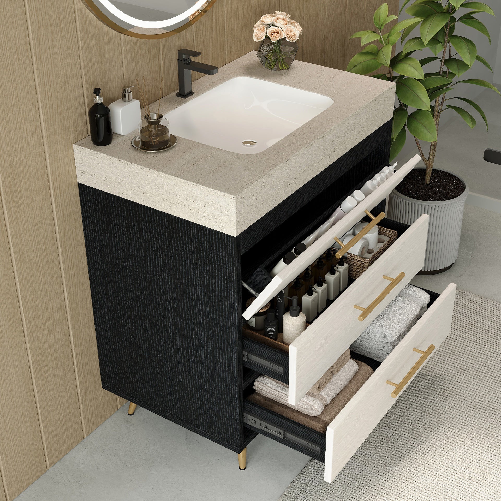 Modern Free-Standing Bathroom Vanity with Ceramic Vessel Sink & Durable Sintered Stone Top