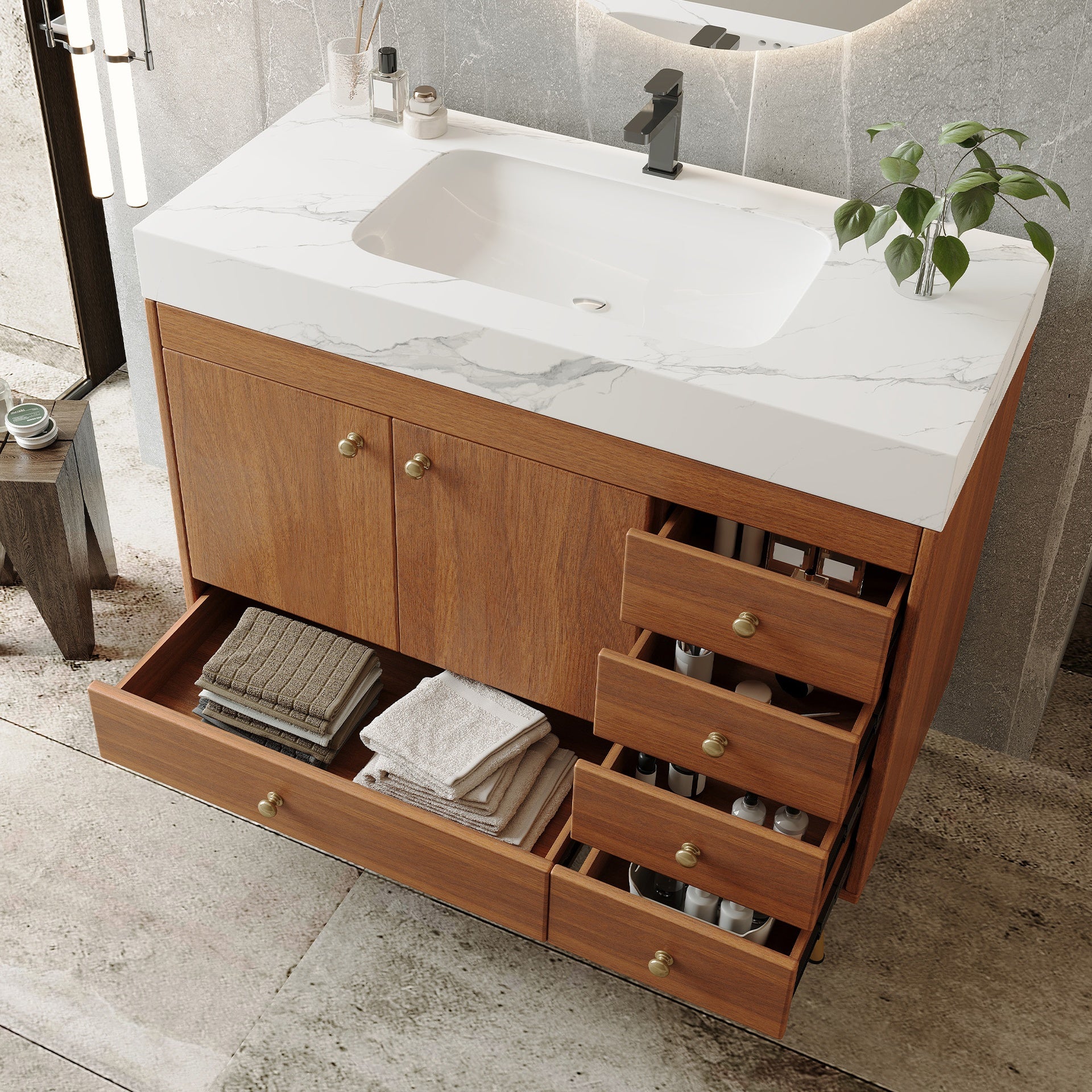 36" Freestanding Bathroom Vanity with Faux Marble Top, Ceramic Sink, 5 Drawers & Stainless Steel Legs
