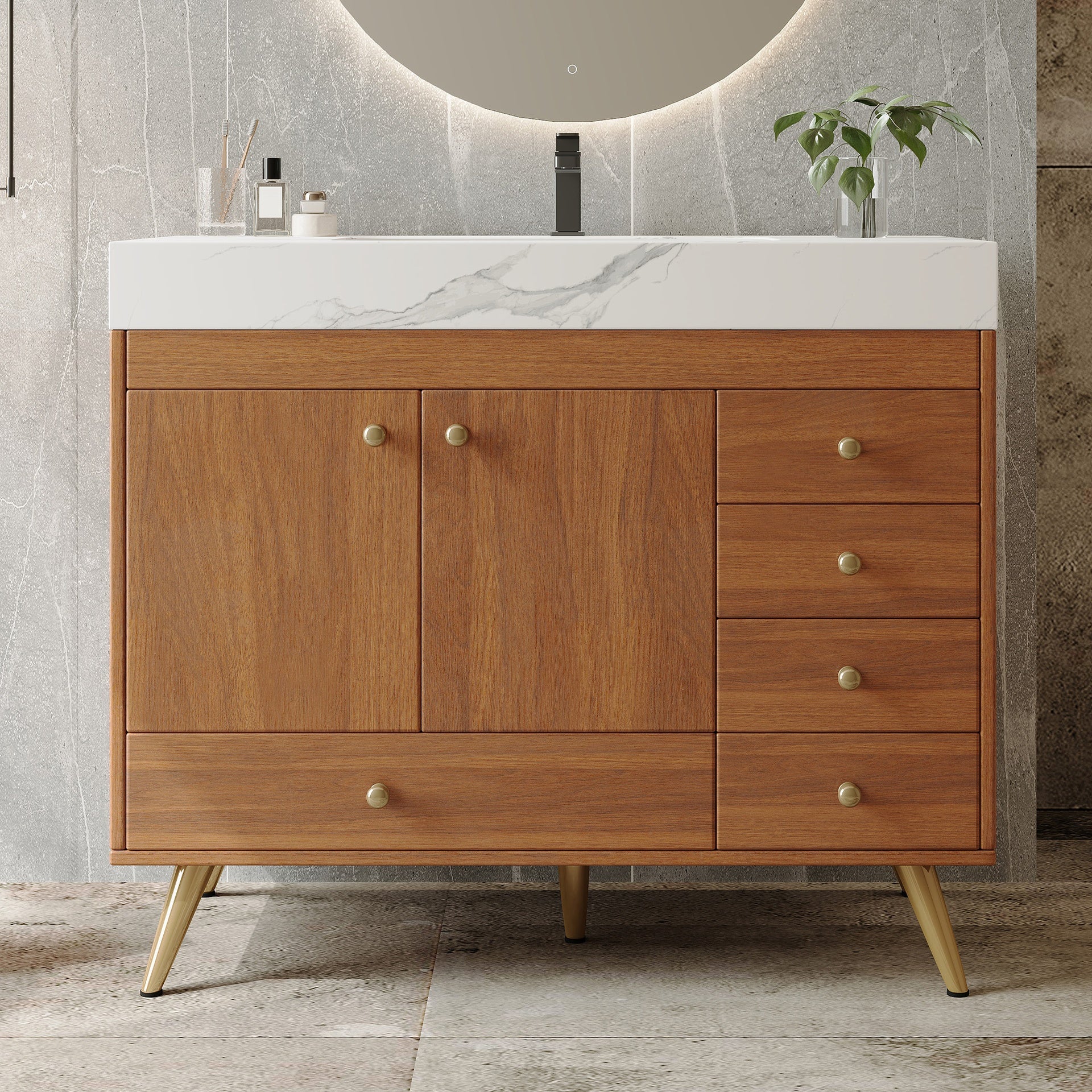 36" Freestanding Bathroom Vanity with Faux Marble Top, Ceramic Sink, 5 Drawers & Stainless Steel Legs