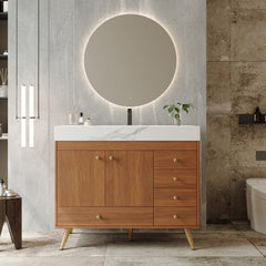 36" Freestanding Bathroom Vanity with Faux Marble Top, Ceramic Sink, 5 Drawers & Stainless Steel Legs