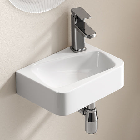 Floating Bathroom Sink Wall Mounted - Rectangle Vessel Sink 14" x 10" Small Modern Bathroom Wall Hung Sink White Porcelain Ceramic Vessel Vanity Sink with Faucet &Drain