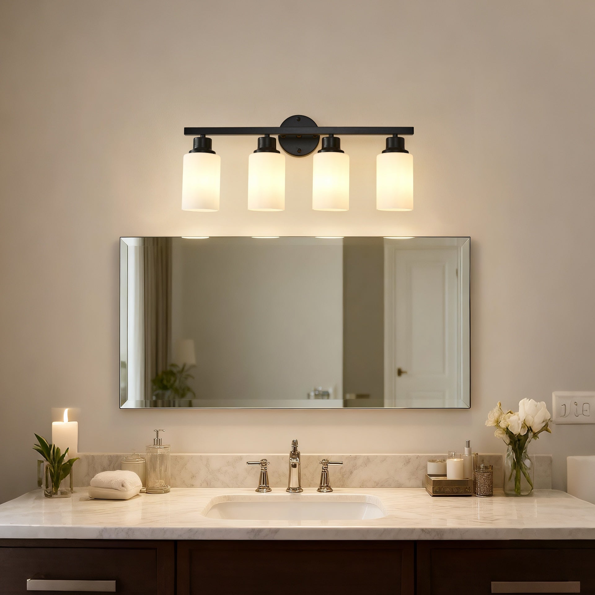 4-Light Matte Black Wall Lamps With White Glass Shades (No Bulbs) Sconce Lighting For Bedroom Living Room