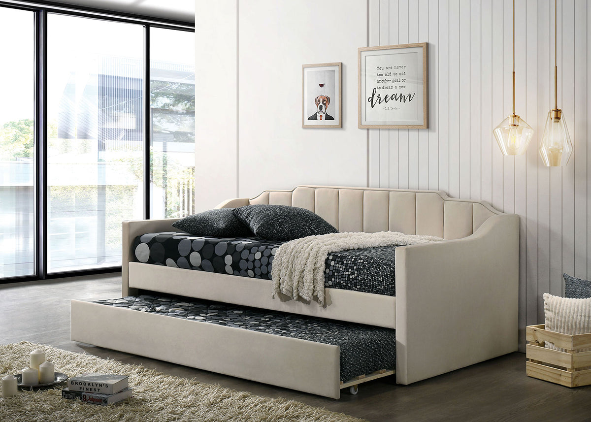 Contemporary Style Twin Size Daybed With Matching Trundle Channel Tufting Armrests Slope Track Fully Upholstered Beige Finish