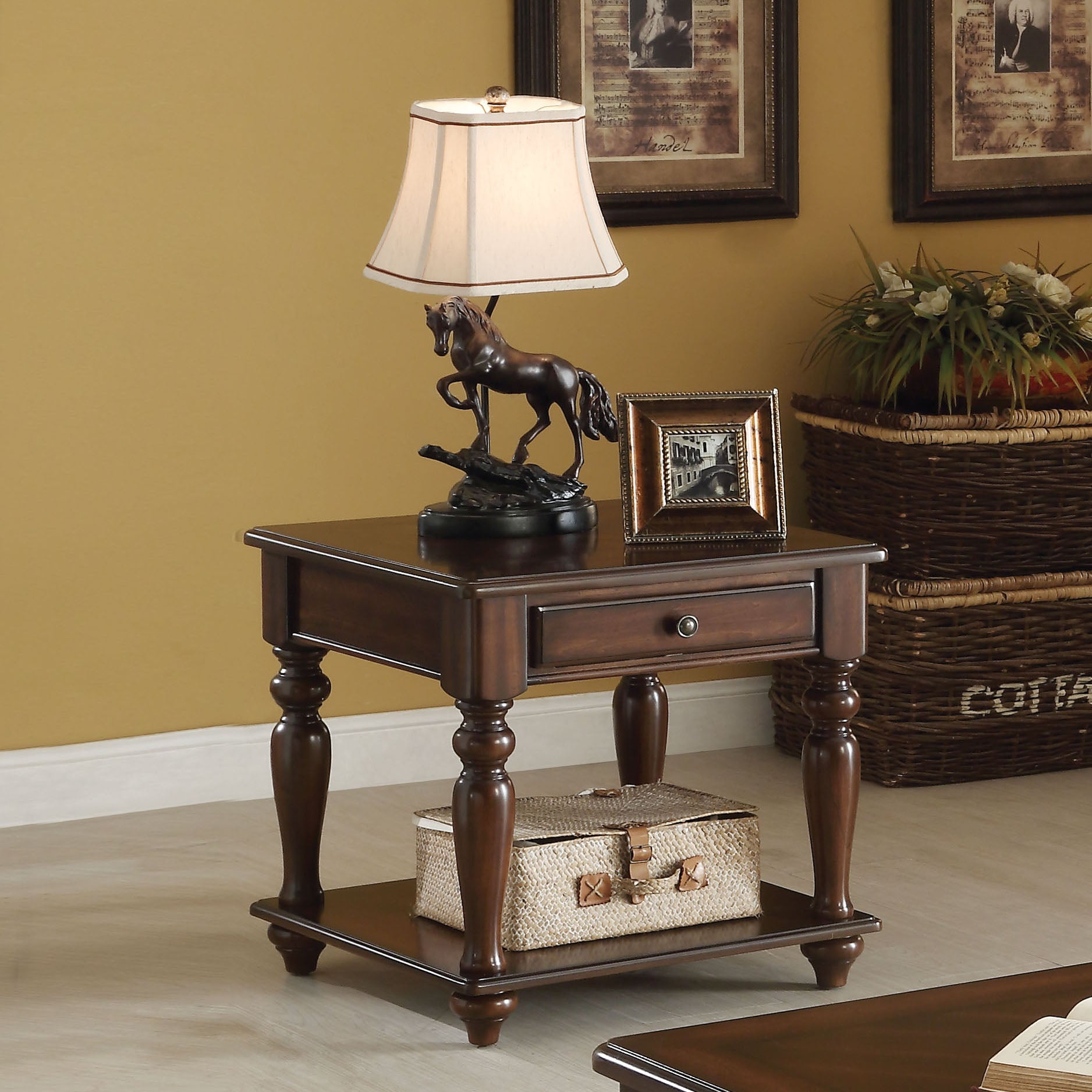 Walnut 1-Drawer End Table with Shelf