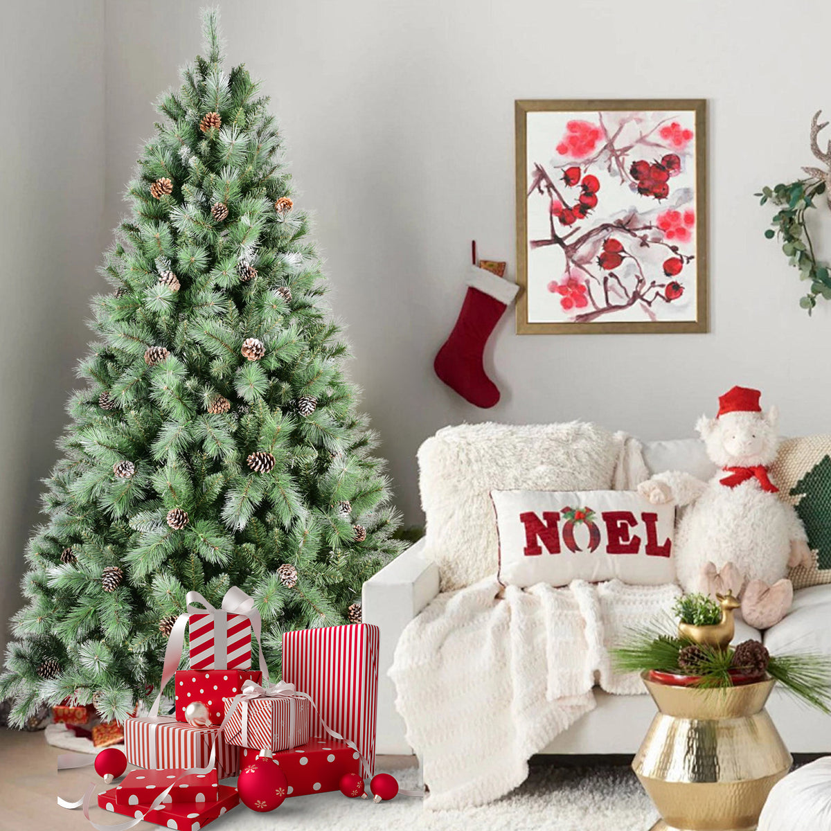 9FT Christmas Tree with 122 Pine Cones – 2518Tips, Mixed PVC & Hard Needle Branches, Hinged Structure for Easy Setup, Sturdy Metal Stand – Realistic Full Holiday Tree