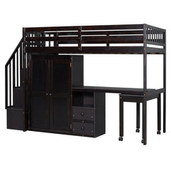 Twin Size Loft Bed with Stairs, Bookshelf, Drawers, Desk & Wardrobe – Space-Saving Multifunctional Furniture for Kids & Teens-Espresso