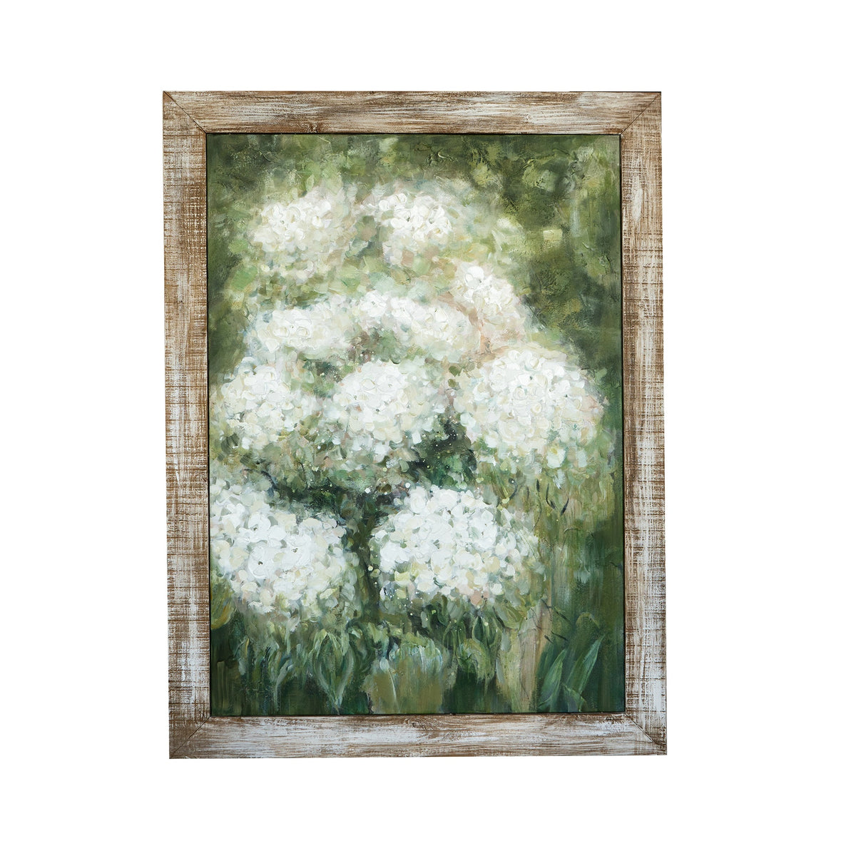 35.4x47.2" Hand-Painted White Allium Art with Green Backdrop and Rustic Fir Wood Frame