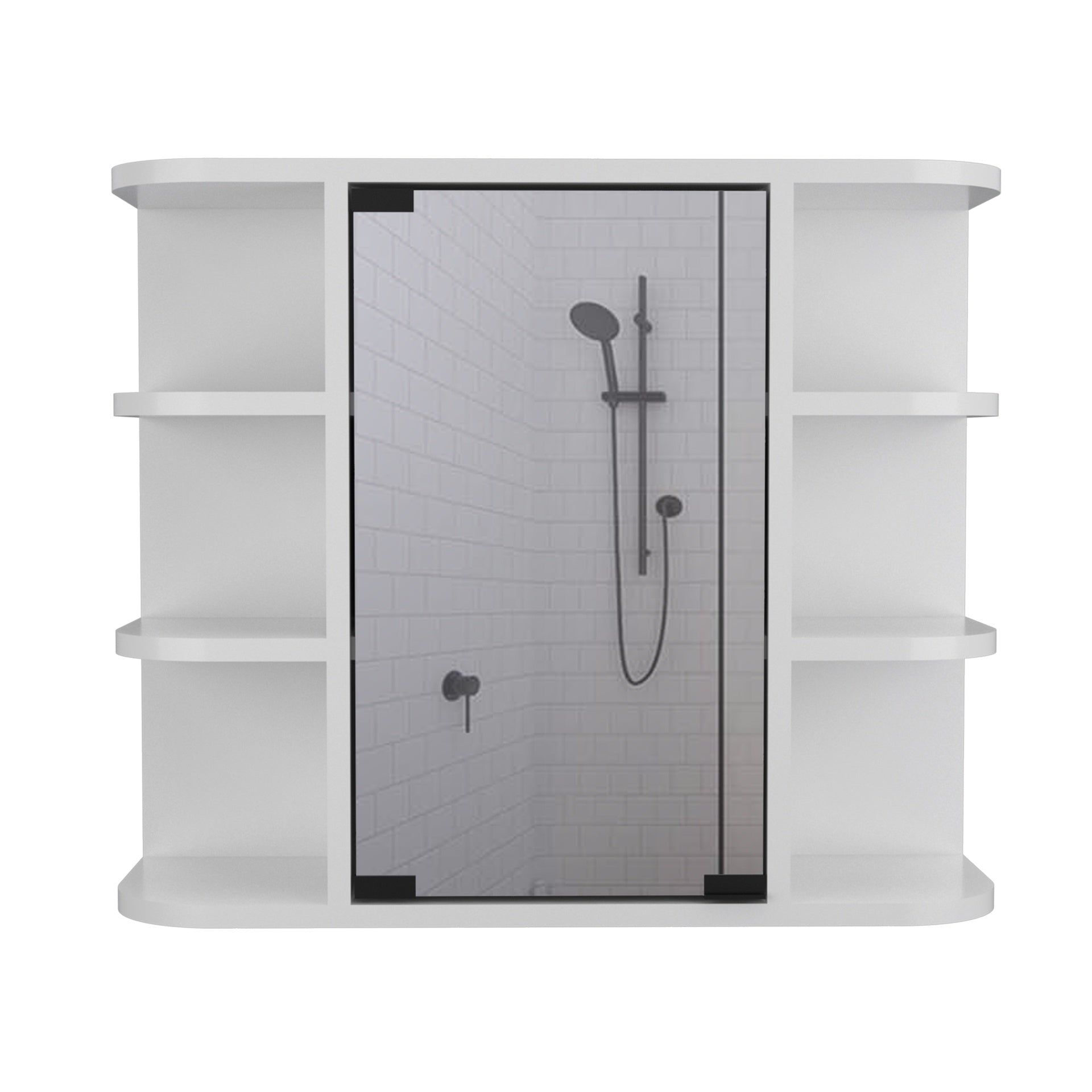 Milan Medicine Cabinet, Six External Shelves Mirror, Three Internal Shelves -White