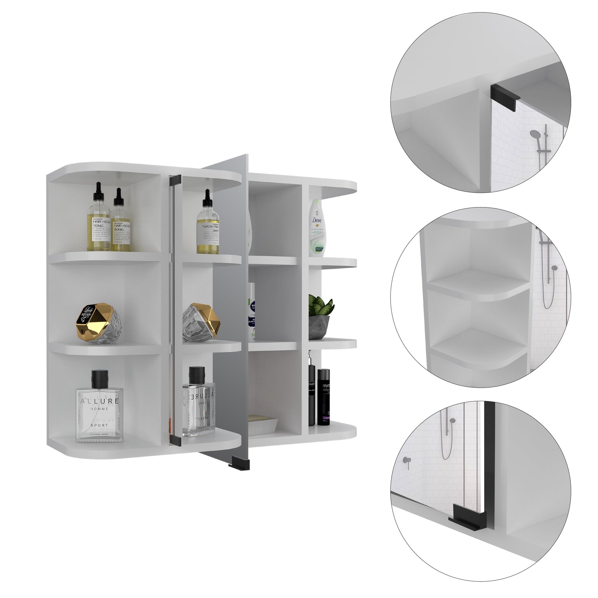 Milan Medicine Cabinet, Six External Shelves Mirror, Three Internal Shelves -White