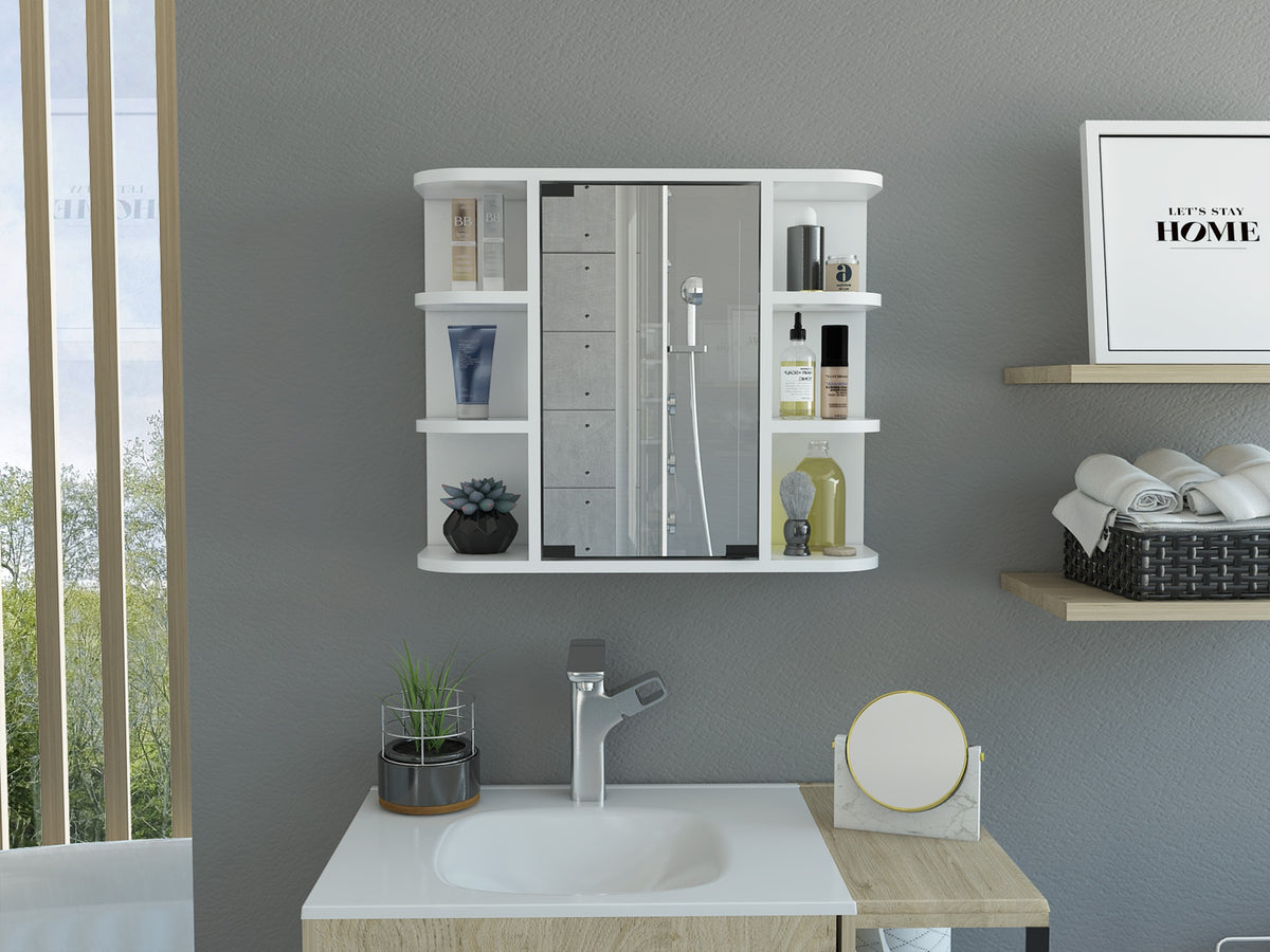 Milan Medicine Cabinet, Six External Shelves Mirror, Three Internal Shelves -White