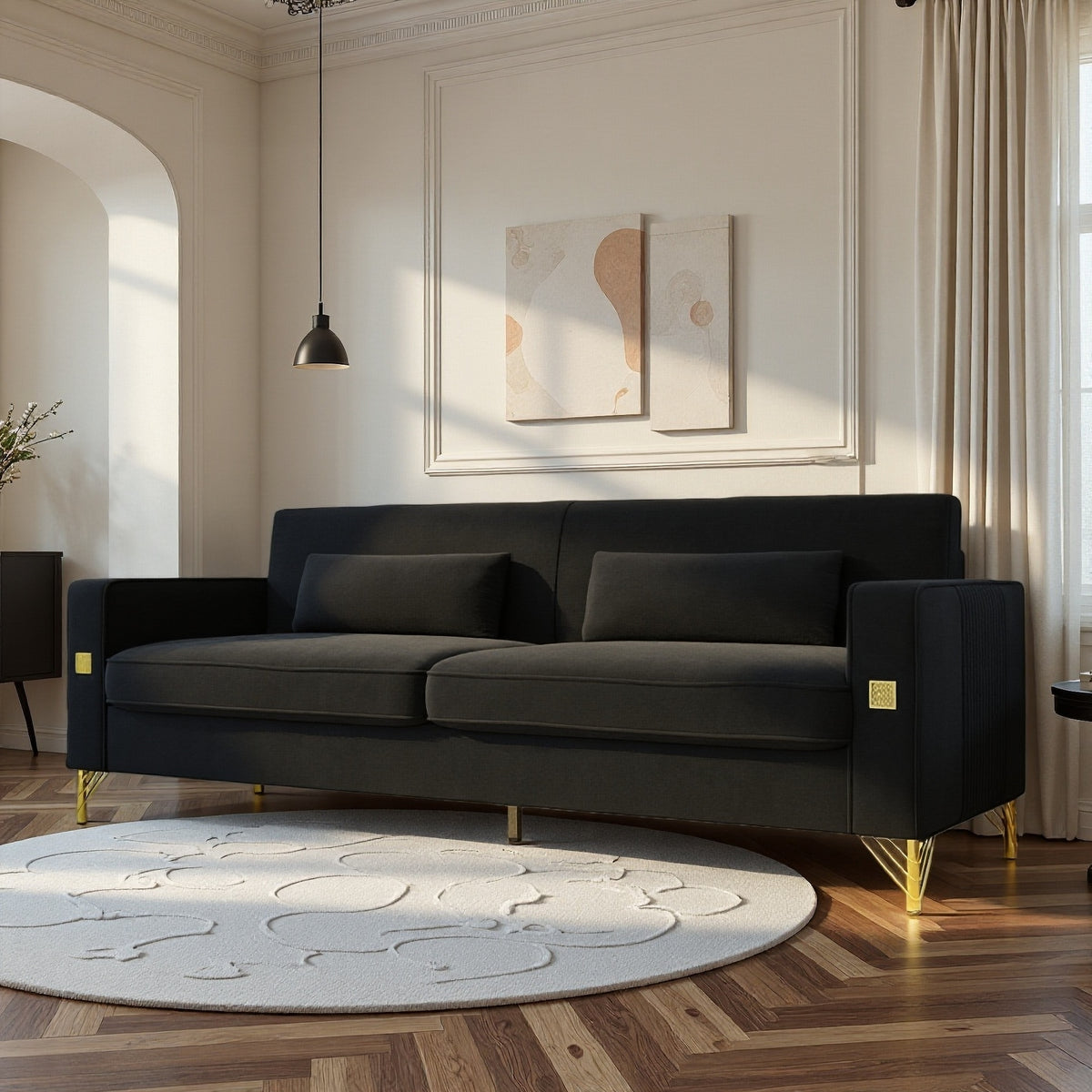 FX-P18-BK(sofa)Luxury Velvet Sofa with Gold Accents - Modern 3-Seat Couch with Plush Cushions, Perfect for Living Room and Office Decor