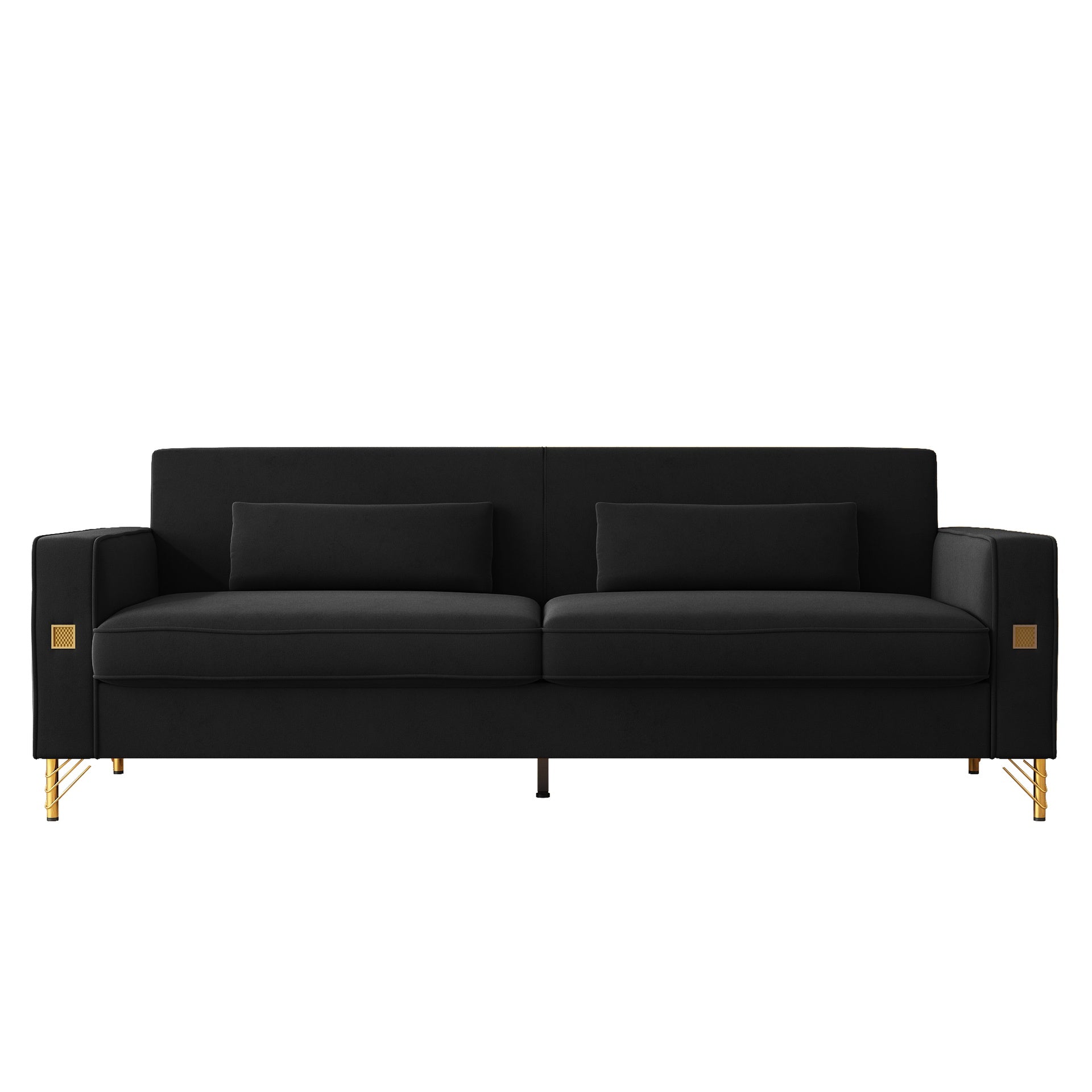 FX-P18-BK(sofa)Luxury Velvet Sofa with Gold Accents - Modern 3-Seat Couch with Plush Cushions, Perfect for Living Room and Office Decor
