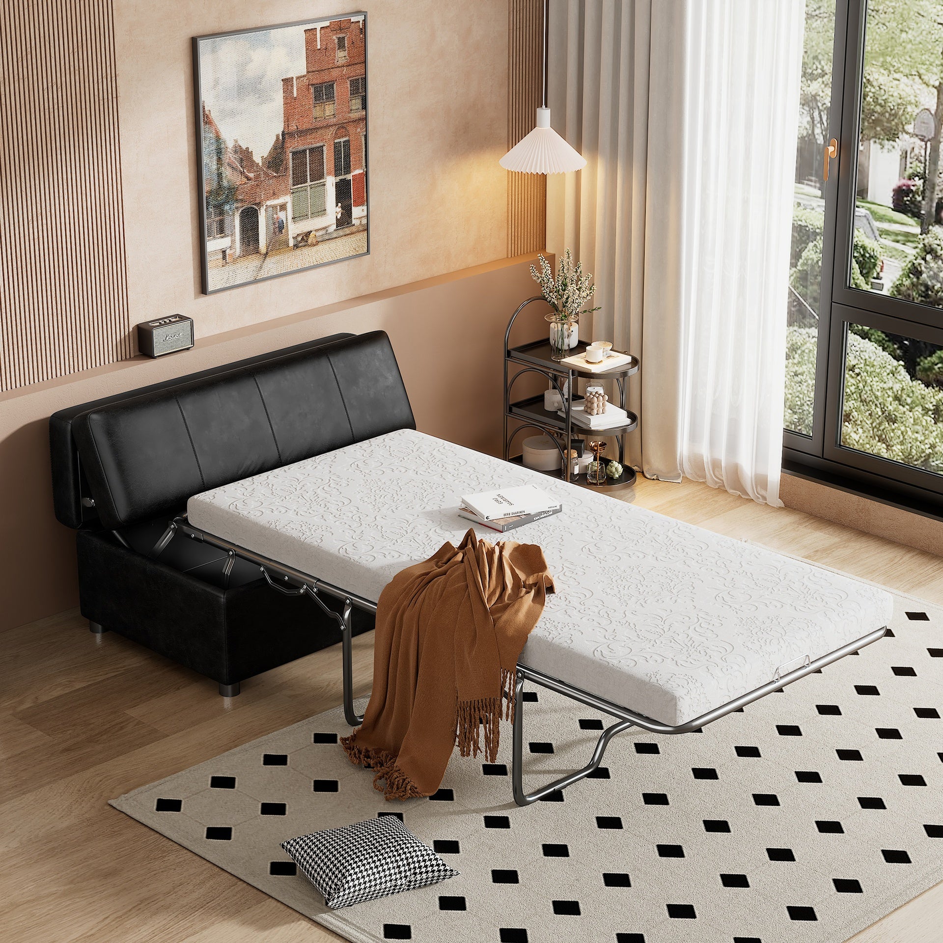 Twin Size Folding Ottoman Sleeper Bed with Mattress Convertible Guest Bed  Black