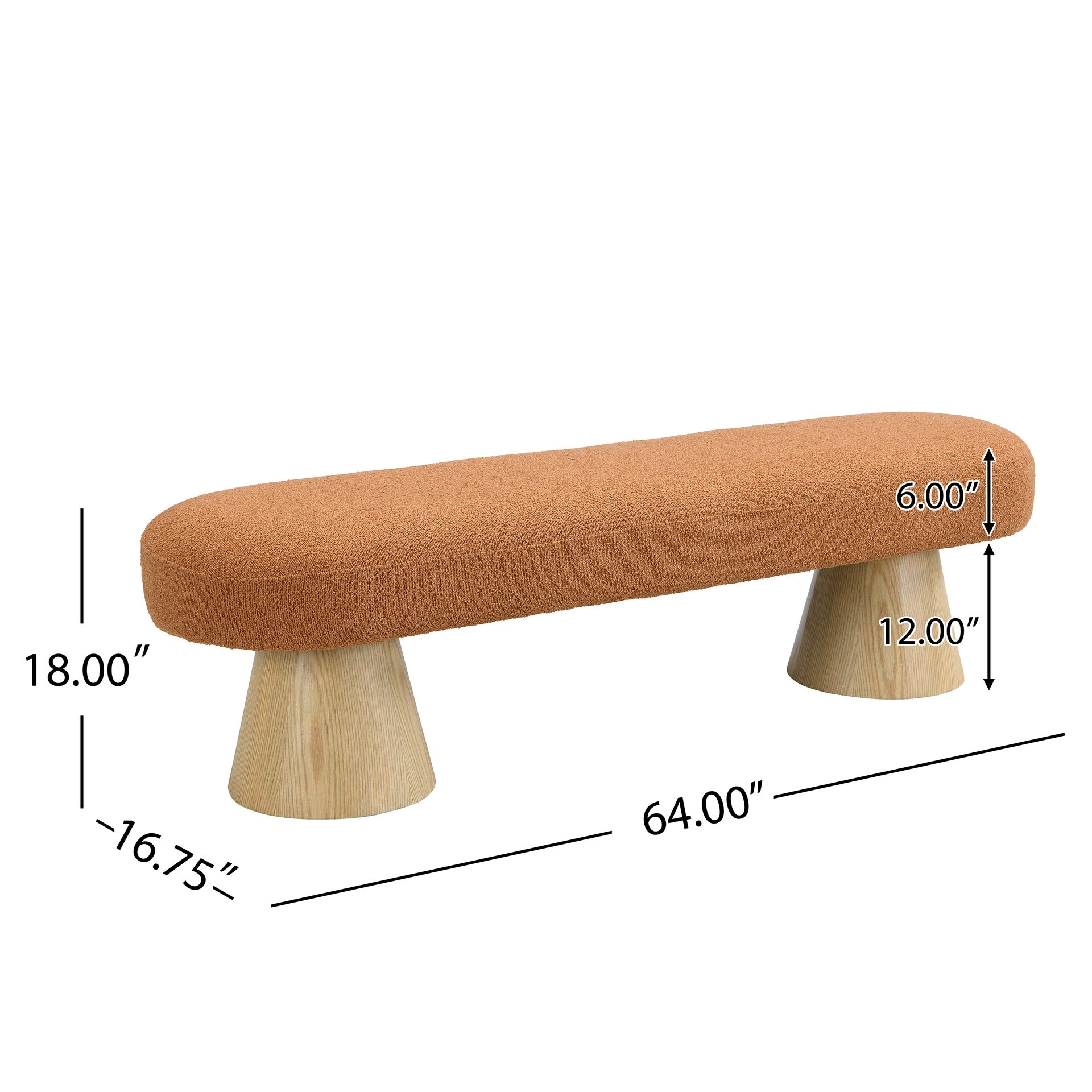 Dining Bench for Dining Room, Upholstered Bedroom End of Bed Entryway Bench, Boucle Ottoman for Living Room, 64"L Orange Stool Top Wood Leg 300 LBS Weight Capacity