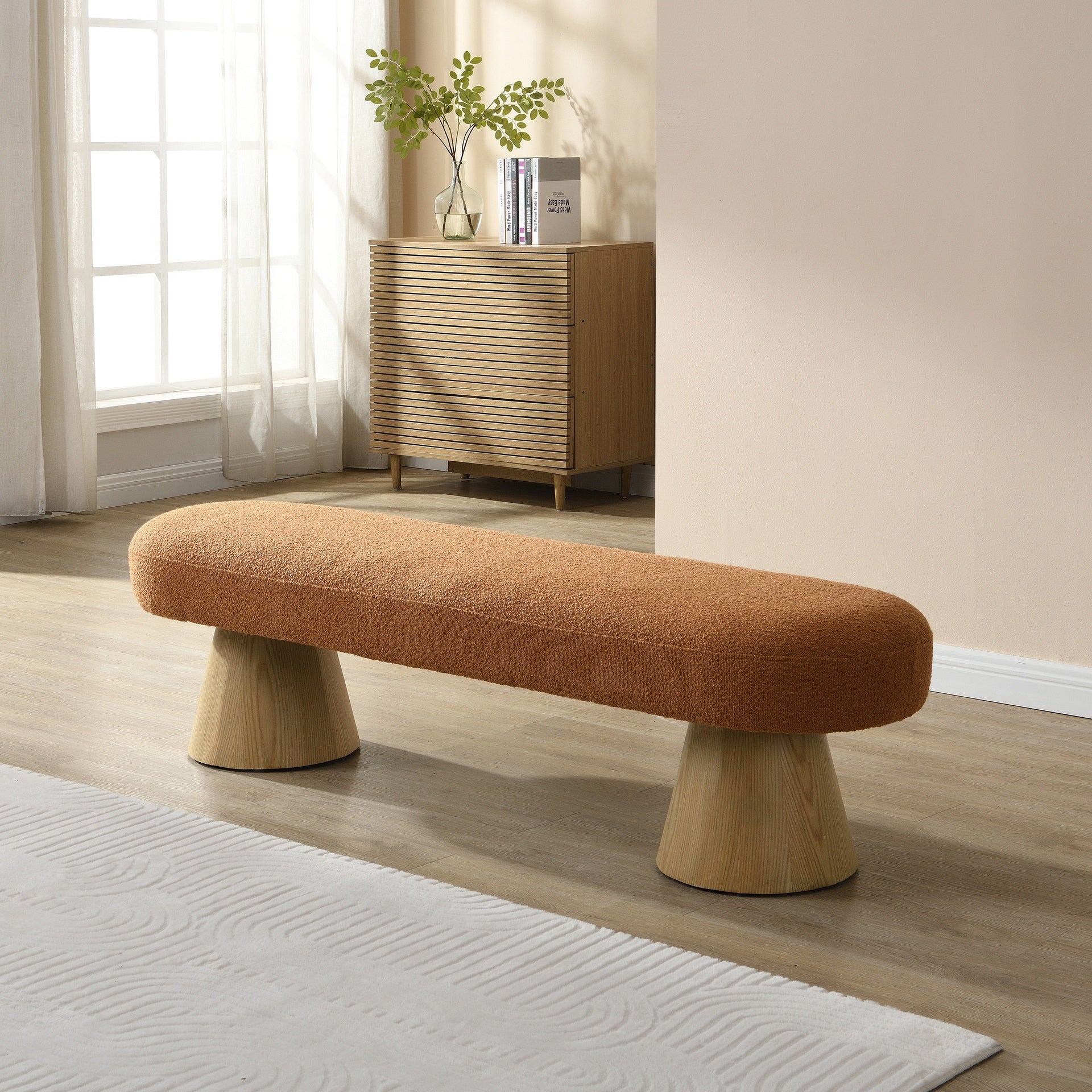 Dining Bench for Dining Room, Upholstered Bedroom End of Bed Entryway Bench, Boucle Ottoman for Living Room, 64"L Orange Stool Top Wood Leg 300 LBS Weight Capacity