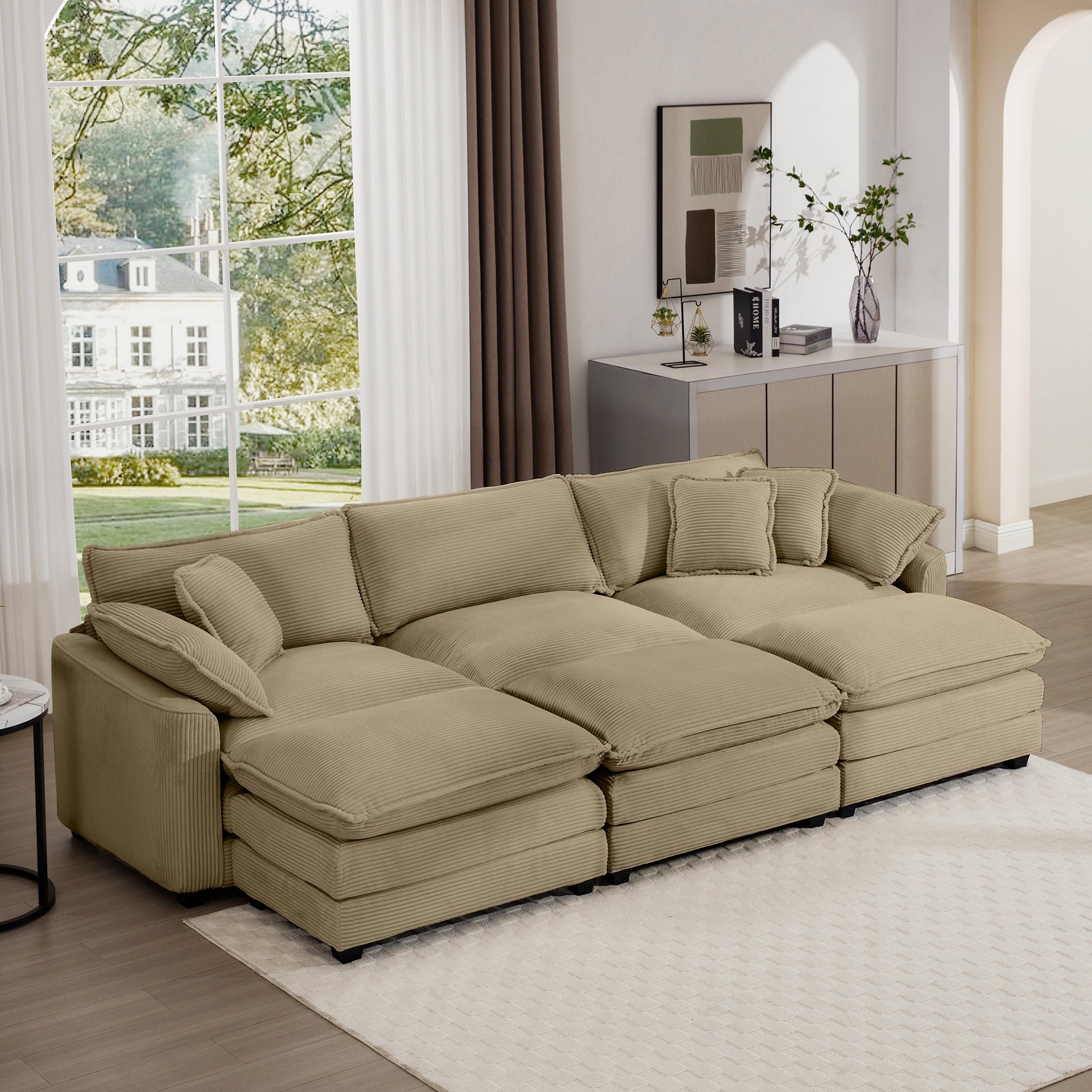 Oversized Modular Cushion Sofa, Portable Ottoman, L-Shaped Corner Low Back Deep Seating Spacious Sofa Setfor Home Apartment Living Room Set, Tan Corduroy