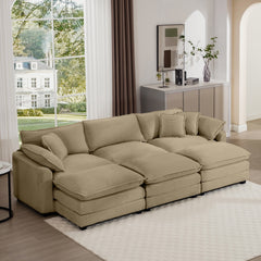 Oversized Modular Cushion Sofa, Portable Ottoman, L-Shaped Corner Low Back Deep Seating Spacious Sofa Setfor Home Apartment Living Room Set, Tan Corduroy