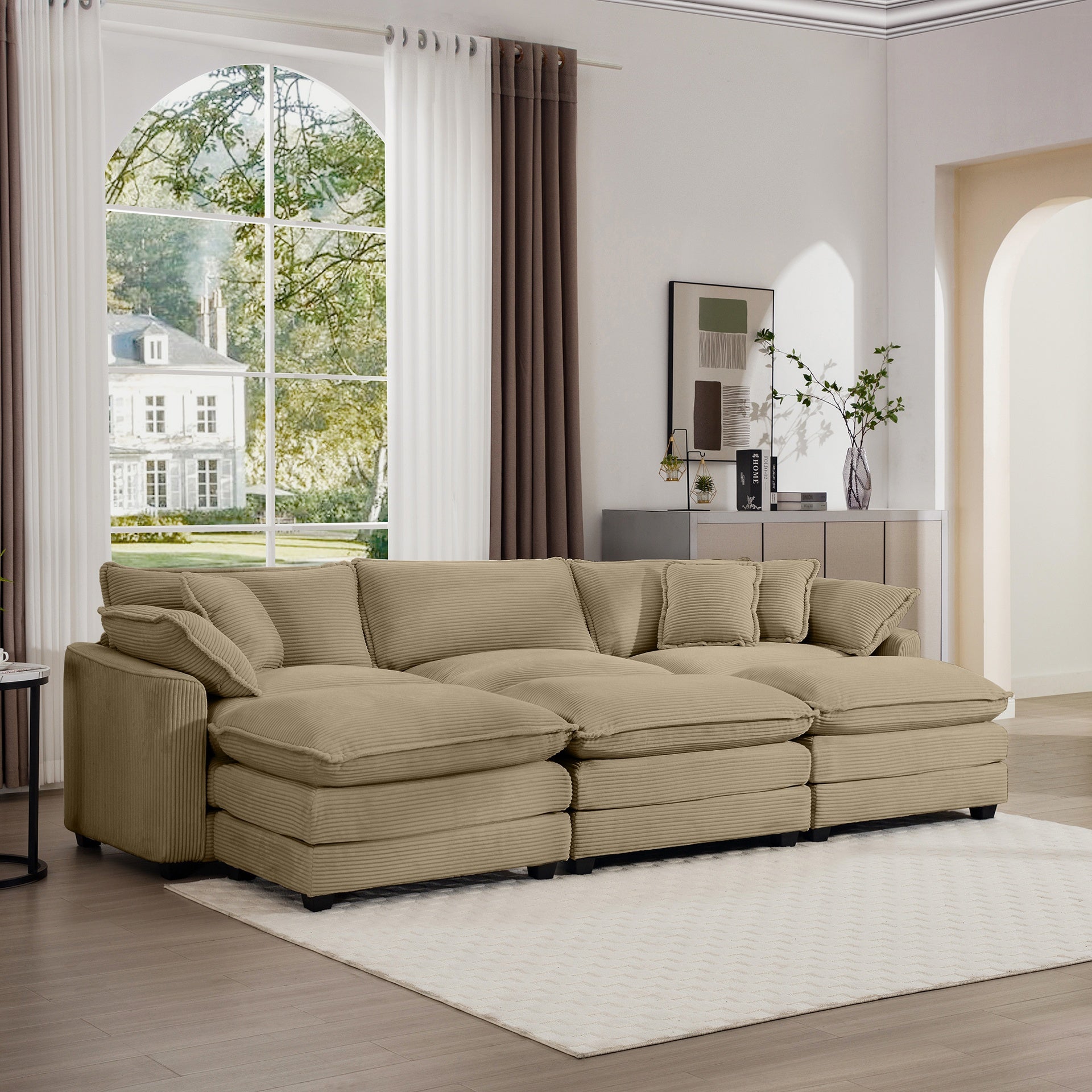 Oversized Modular Cushion Sofa, Portable Ottoman, L-Shaped Corner Low Back Deep Seating Spacious Sofa Setfor Home Apartment Living Room Set, Tan Corduroy