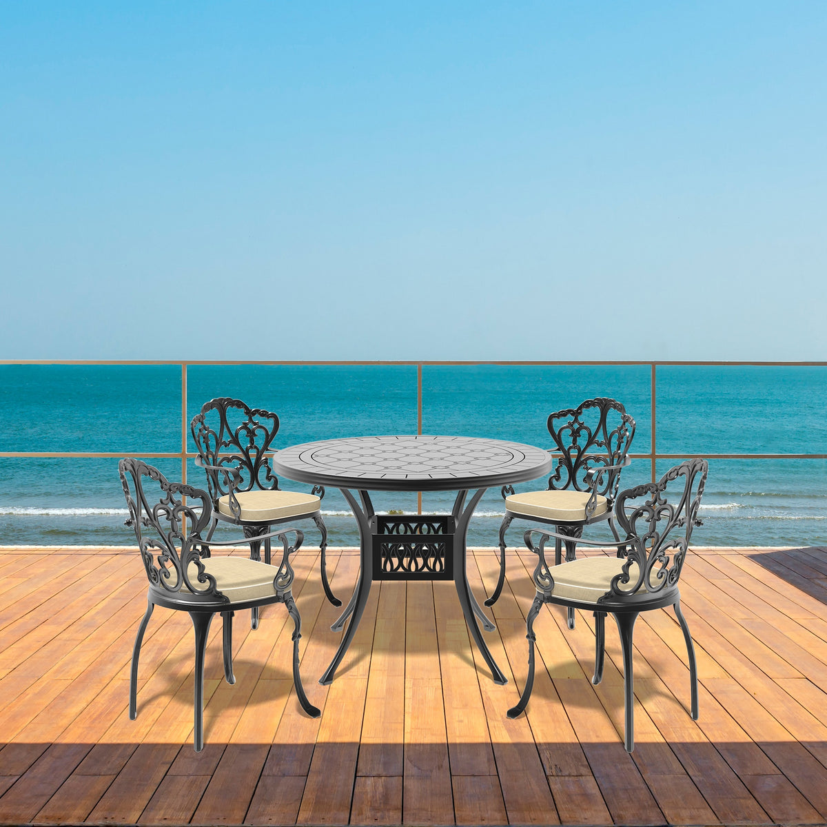 5-Piece Set Of Cast Aluminum Patio Furniture With Black Frame and Off-white Seat Cushions(same sku: W1710S00072)