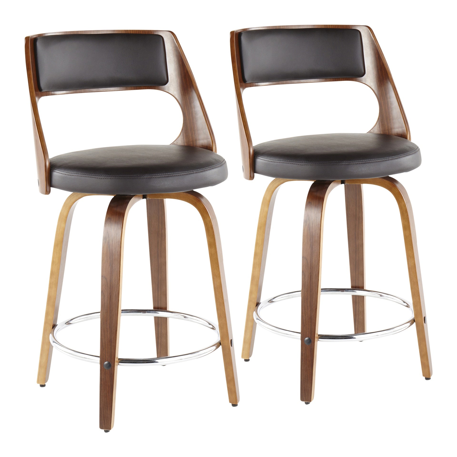 Cecina Mid-Century Modern Counter Stool with Swivel in Walnut and Brown Faux Leather by LumiSource - Set of 2
