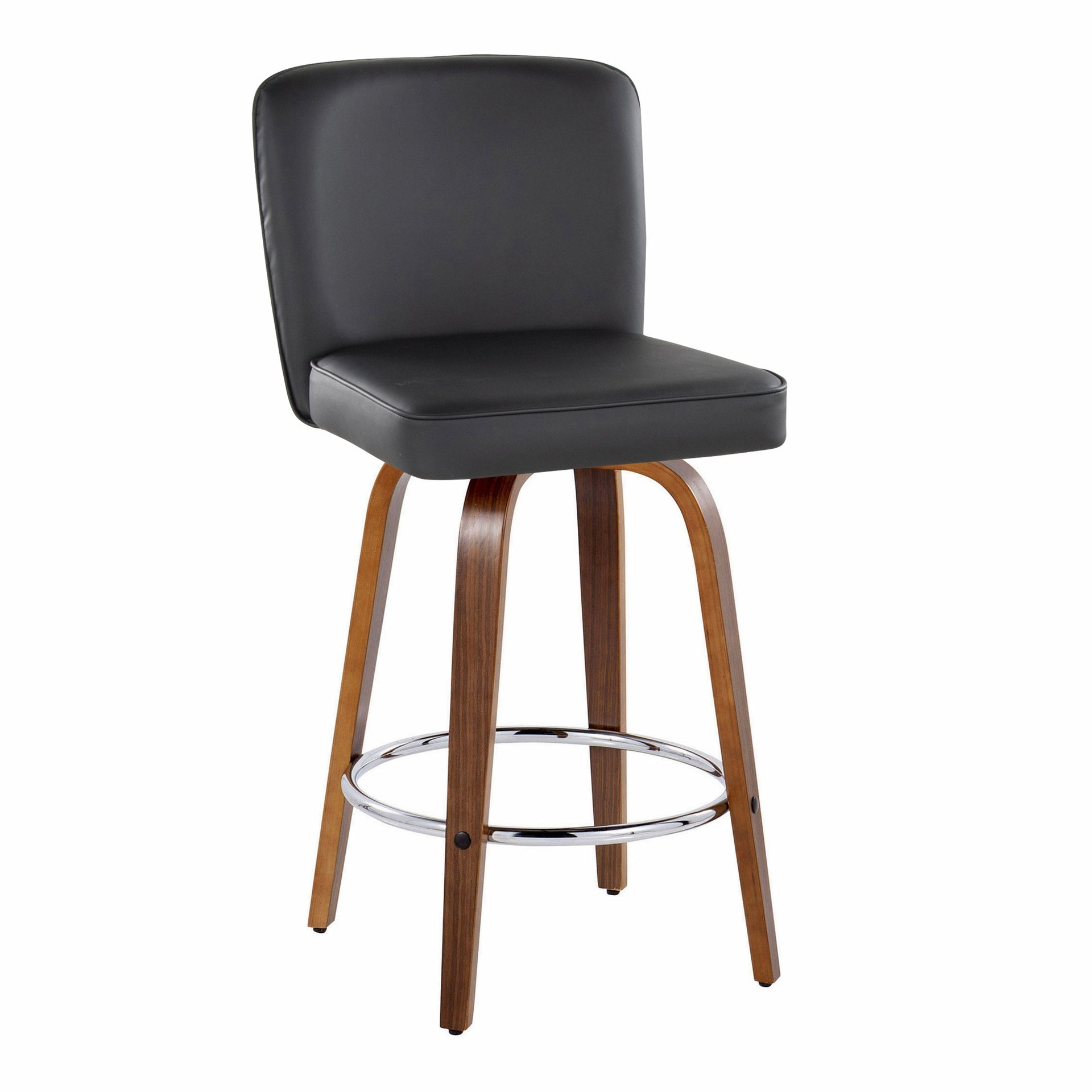 Henry 26" Contemporary Fixed-Height Counter Stool with Swivel in Walnut Wood and Black Faux Leather with Round Chrome Footrest by LumiSource - Set of 2
