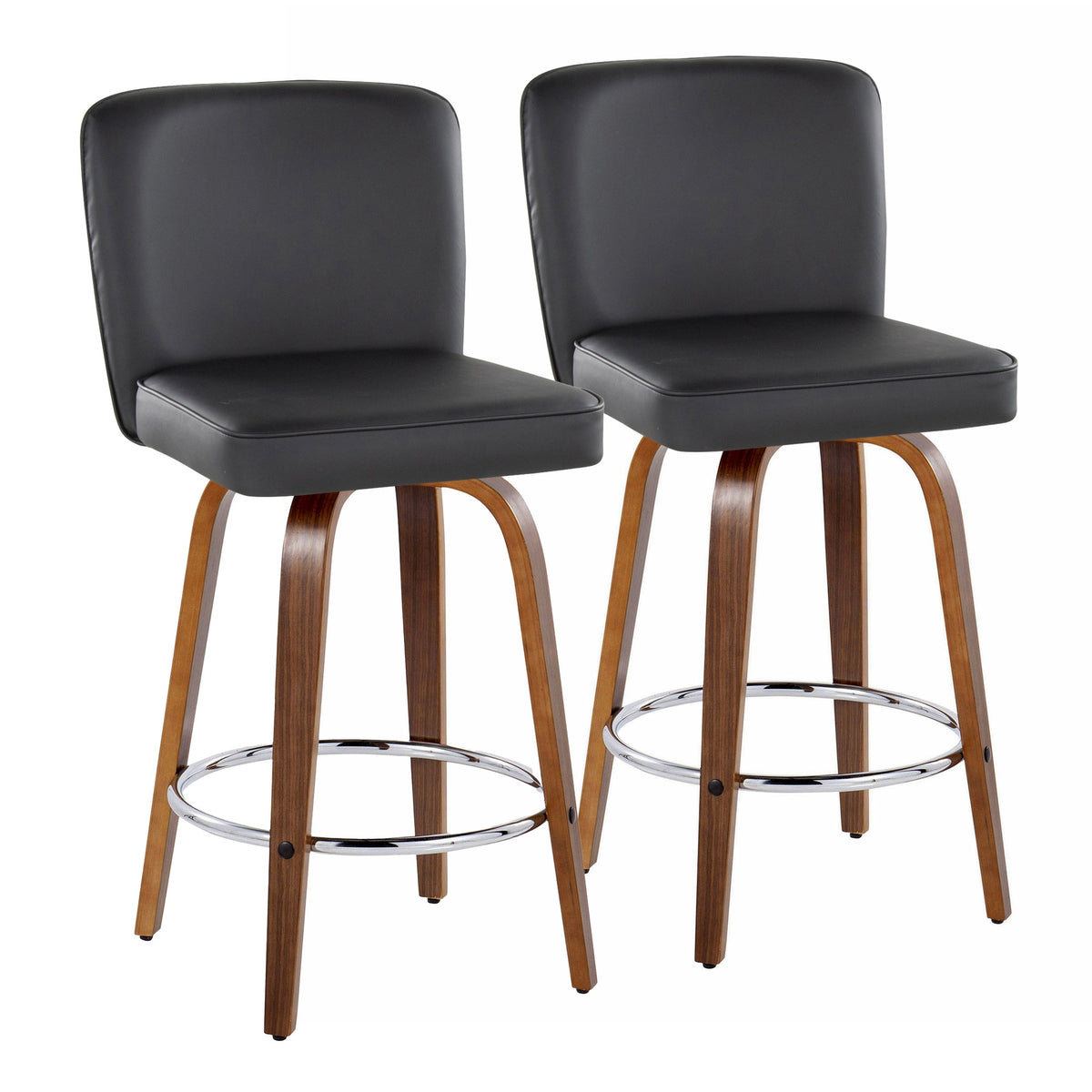 Henry 26" Contemporary Fixed-Height Counter Stool with Swivel in Walnut Wood and Black Faux Leather with Round Chrome Footrest by LumiSource - Set of 2
