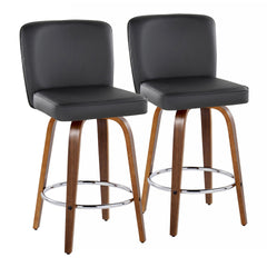 Henry 26" Contemporary Fixed-Height Counter Stool with Swivel in Walnut Wood and Black Faux Leather with Round Chrome Footrest by LumiSource - Set of 2