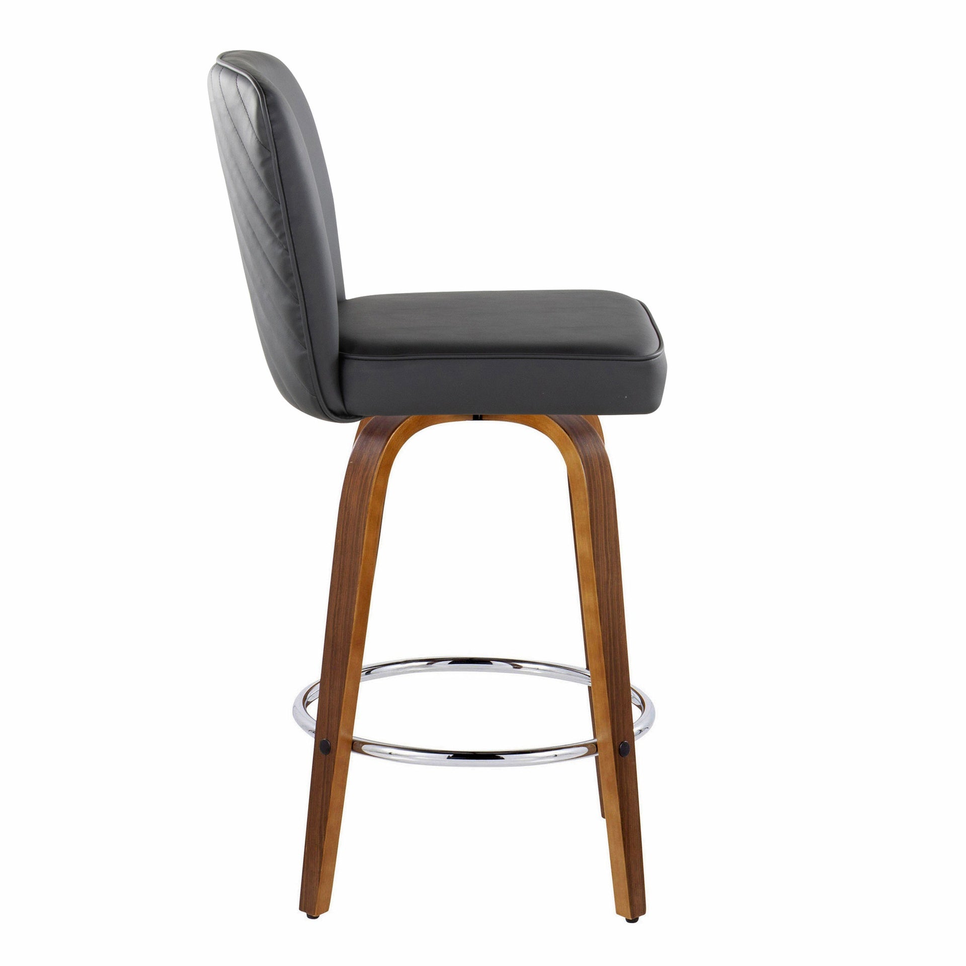 Henry 26" Contemporary Fixed-Height Counter Stool with Swivel in Walnut Wood and Black Faux Leather with Round Chrome Footrest by LumiSource - Set of 2