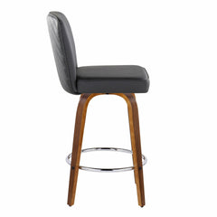 Henry 26" Contemporary Fixed-Height Counter Stool with Swivel in Walnut Wood and Black Faux Leather with Round Chrome Footrest by LumiSource - Set of 2