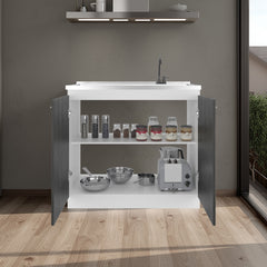 Napoles Utility Sink with Faucet Inclued and Integrated Stainless Steel Counter top, Freestanding cabinet with two doors, Metal Handles and Two interior shelves, Gray+White