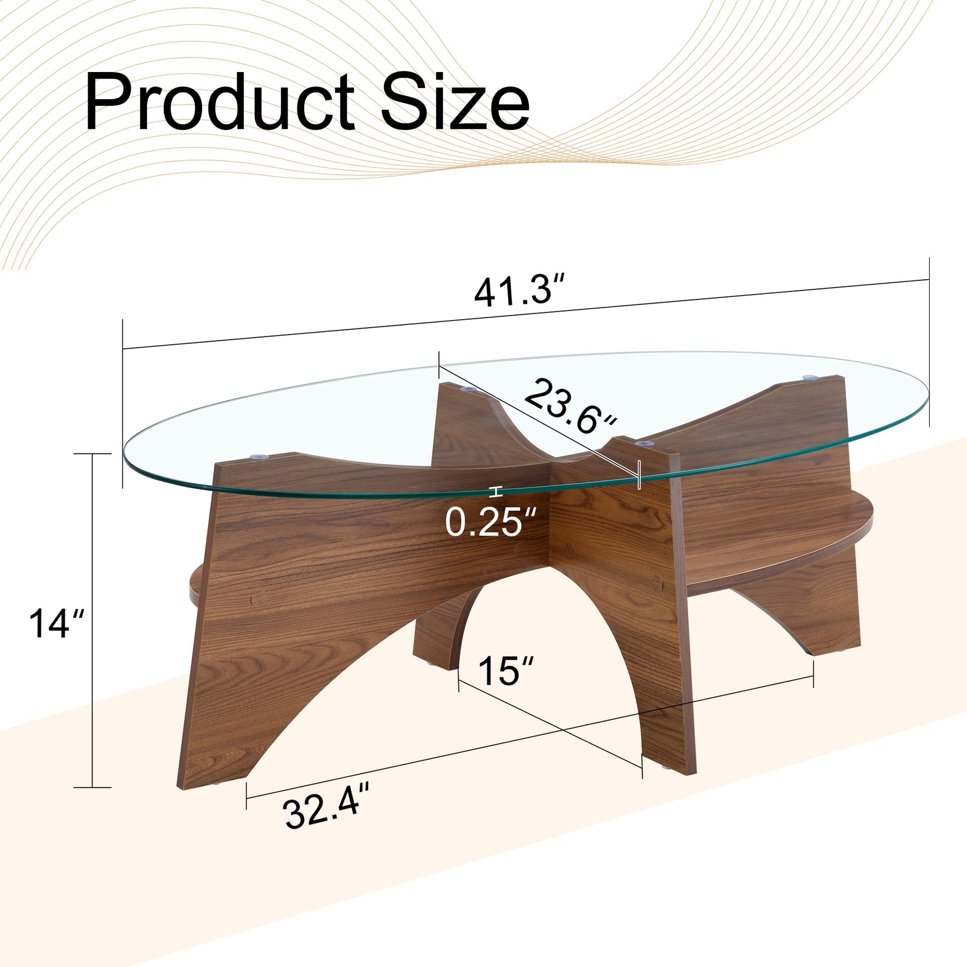 Oval Tempered Glass Coffee Table - 41.3"x23.6" Multi-Functional Design.Oval Tabletop.Walnut Wood Color Diagonal fan-shaped tray design Table Leg.Suitable for dining rooms, living rooms, offices.