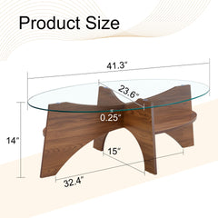 Oval Tempered Glass Coffee Table - 41.3"x23.6" Multi-Functional Design.Oval Tabletop.Walnut Wood Color Diagonal fan-shaped tray design Table Leg.Suitable for dining rooms, living rooms, offices.