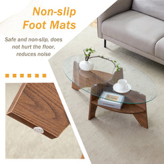 Oval Tempered Glass Coffee Table - 41.3"x23.6" Multi-Functional Design.Oval Tabletop.Walnut Wood Color Diagonal fan-shaped tray design Table Leg.Suitable for dining rooms, living rooms, offices.