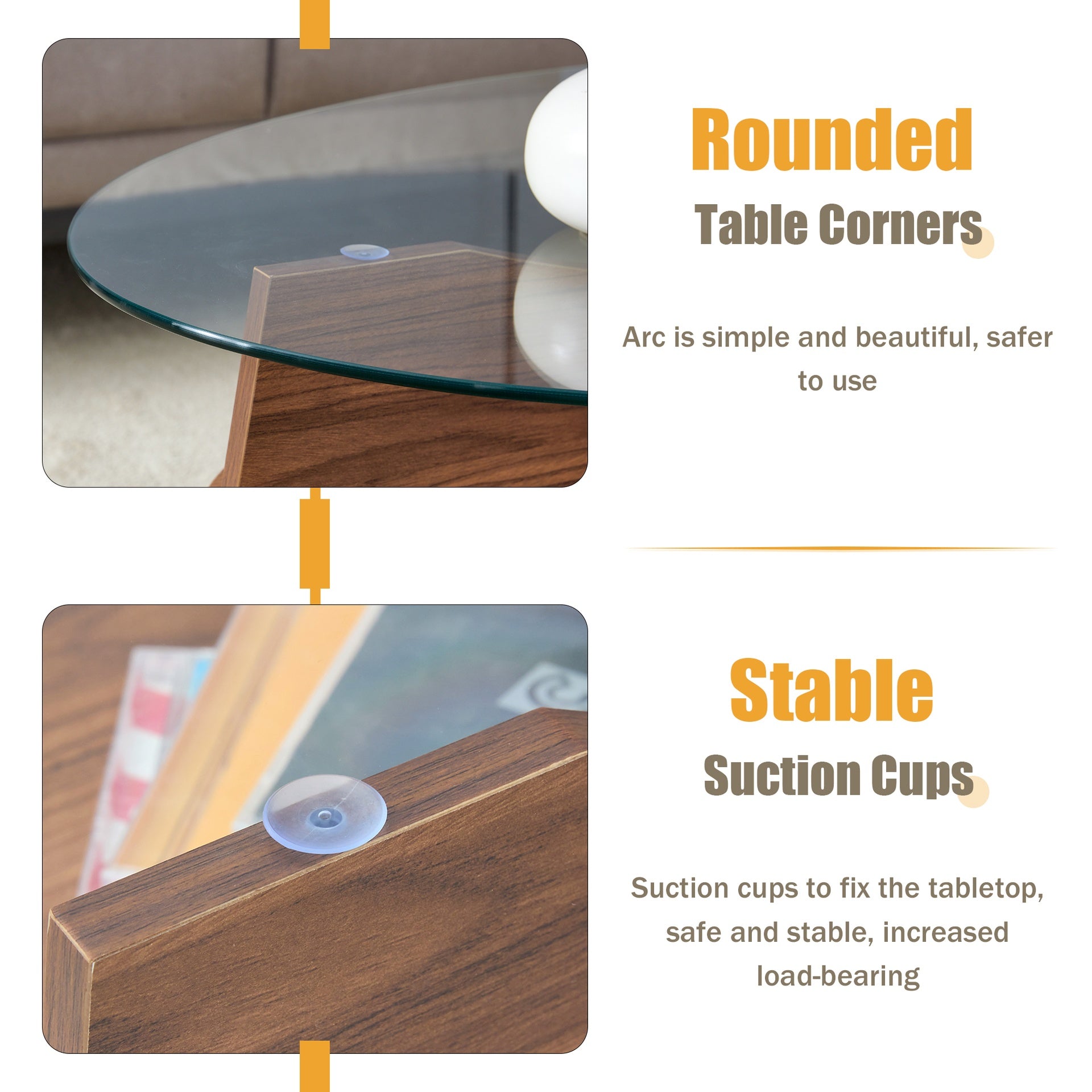 Oval Tempered Glass Coffee Table - 41.3"x23.6" Multi-Functional Design.Oval Tabletop.Walnut Wood Color Diagonal fan-shaped tray design Table Leg.Suitable for dining rooms, living rooms, offices.