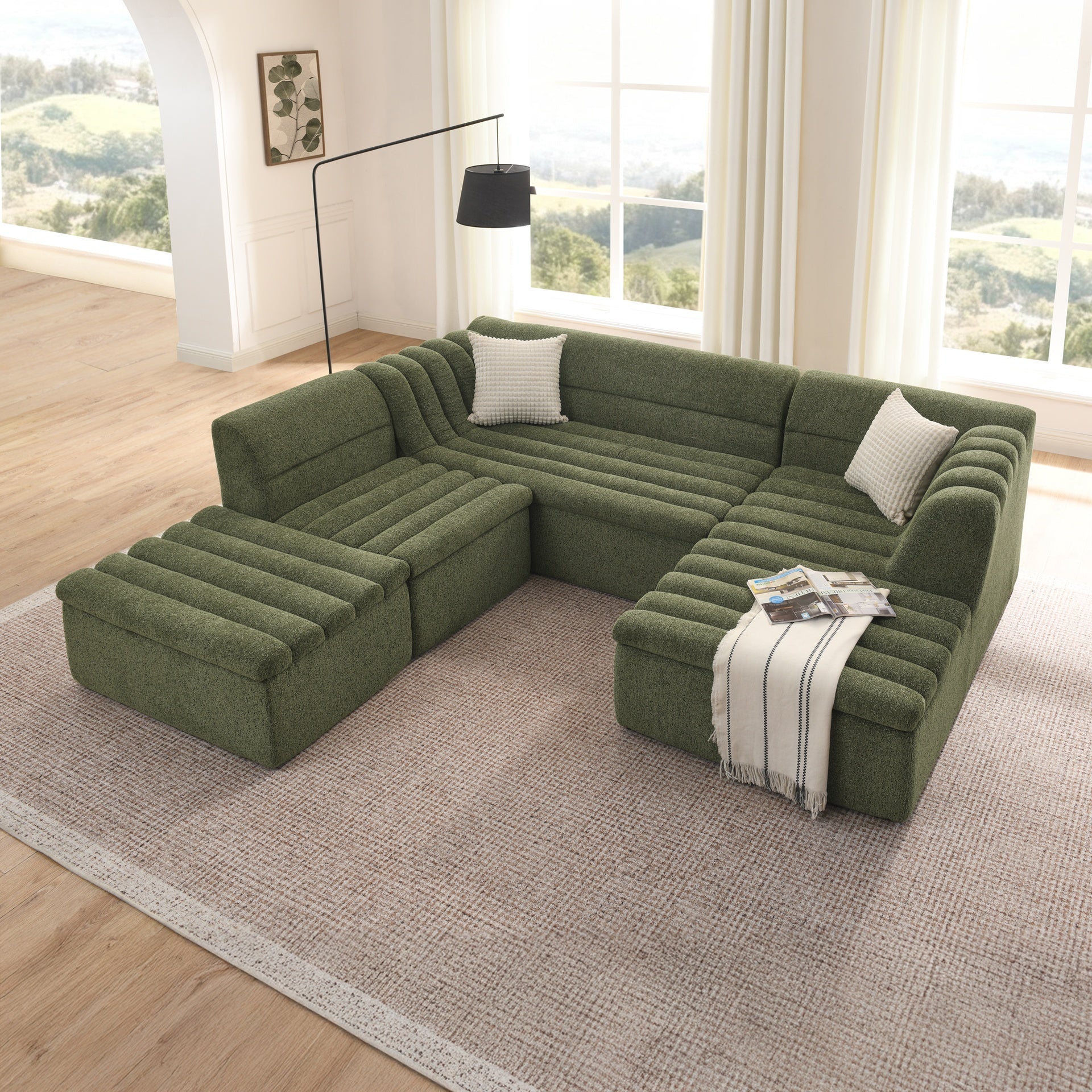 135" U-Shaped Modular Sectional Sofa with Chaise and Movable Ottoman for Living Room, Chenille Upholstered Boneless Couches with Wave-Shaped Armrest, No Pillows Included