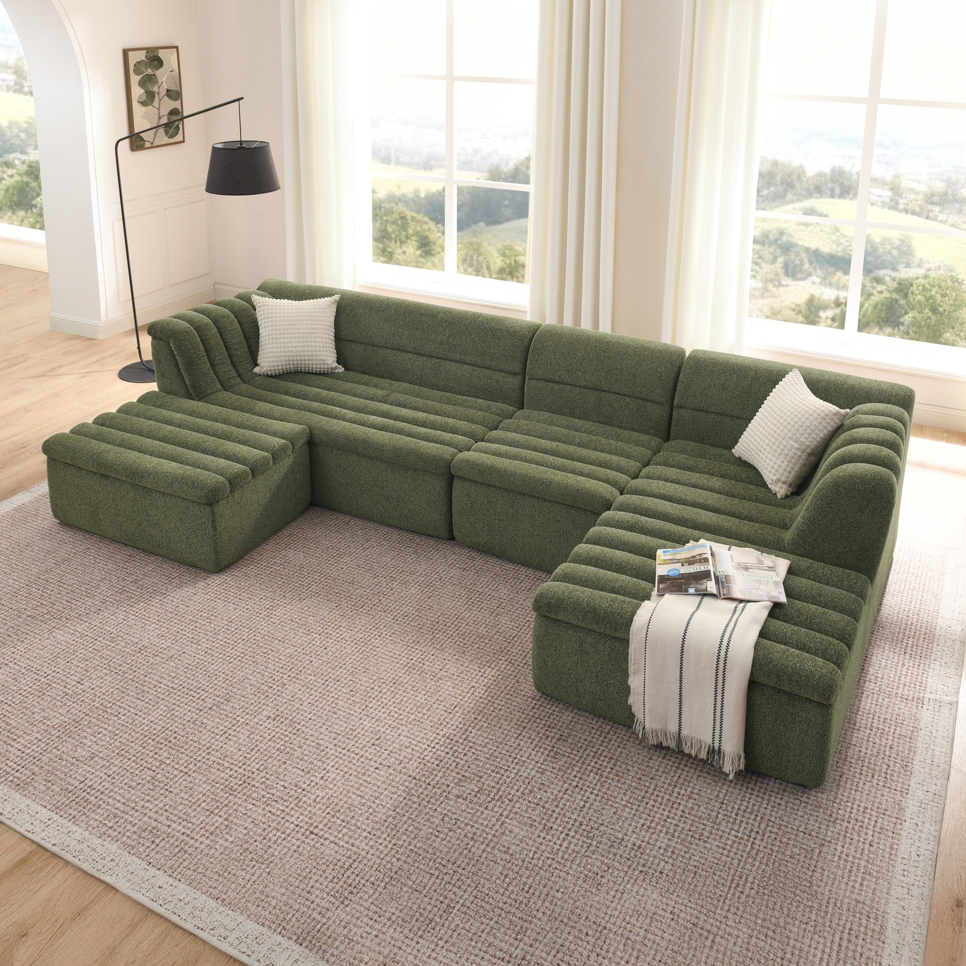 135" U-Shaped Modular Sectional Sofa with Chaise and Movable Ottoman for Living Room, Chenille Upholstered Boneless Couches with Wave-Shaped Armrest, No Pillows Included