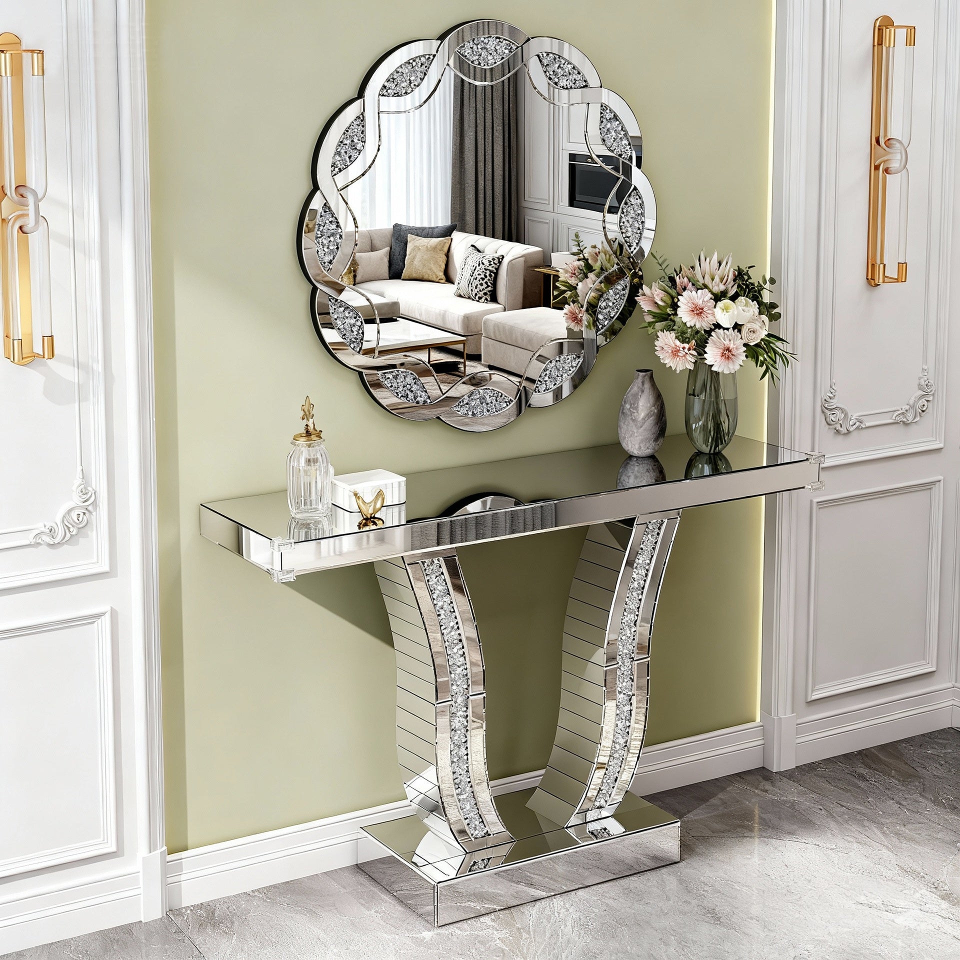 Silver Crush Diamond Round Wall Mirror, 31.5 Inch Wave Frame Decorative Mirror for Living Room, Bathroom, Bedroom, Hallway, Heavy Duty Frame with 2 Hangers