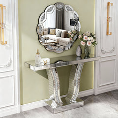 Silver Crush Diamond Round Wall Mirror, 31.5 Inch Wave Frame Decorative Mirror for Living Room, Bathroom, Bedroom, Hallway, Heavy Duty Frame with 2 Hangers