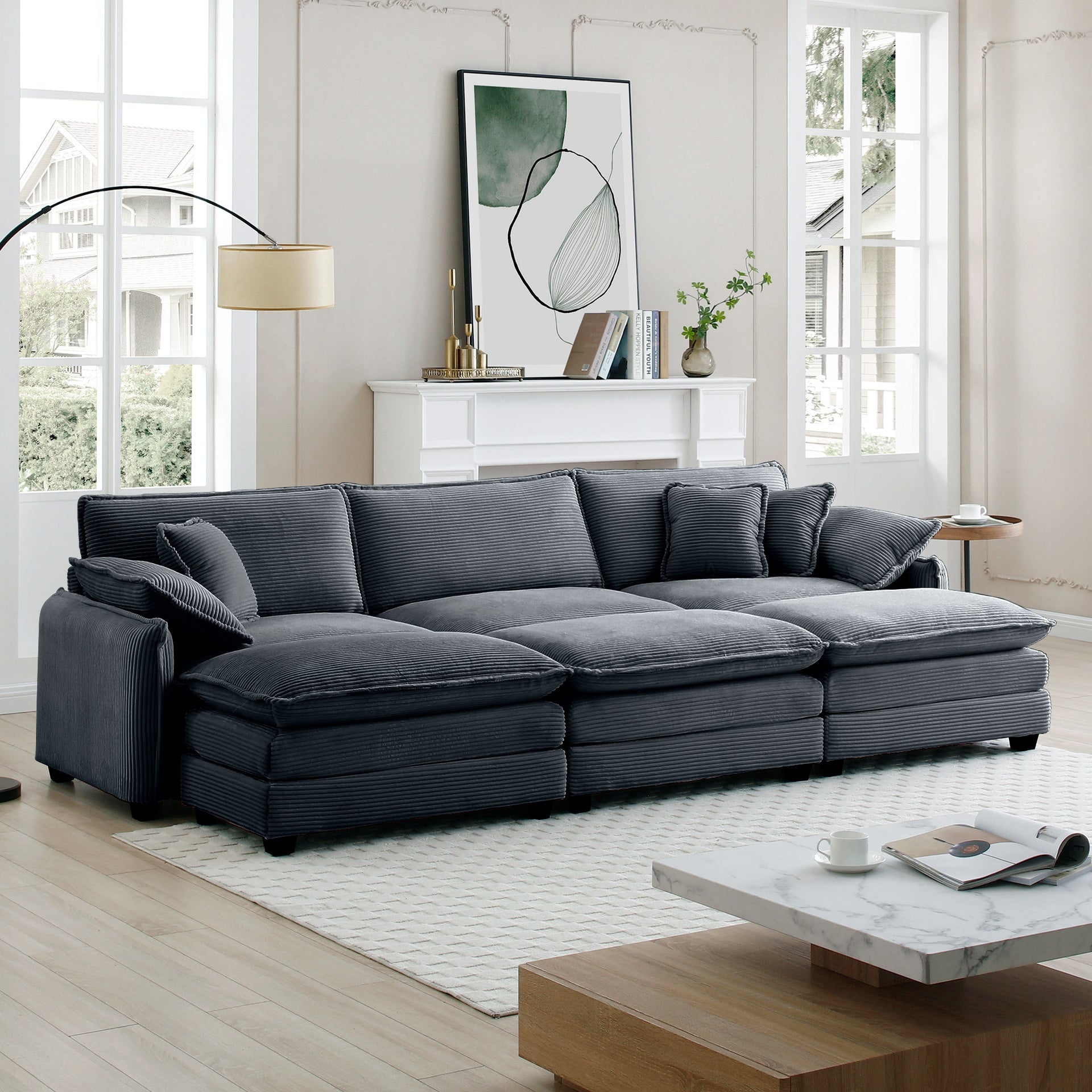 Oversized modular cushioned sofa,with 3 ottomans to work as sleeper sofa beds, 3-seater sofa with 3 footstools,Grey corduroy fabric