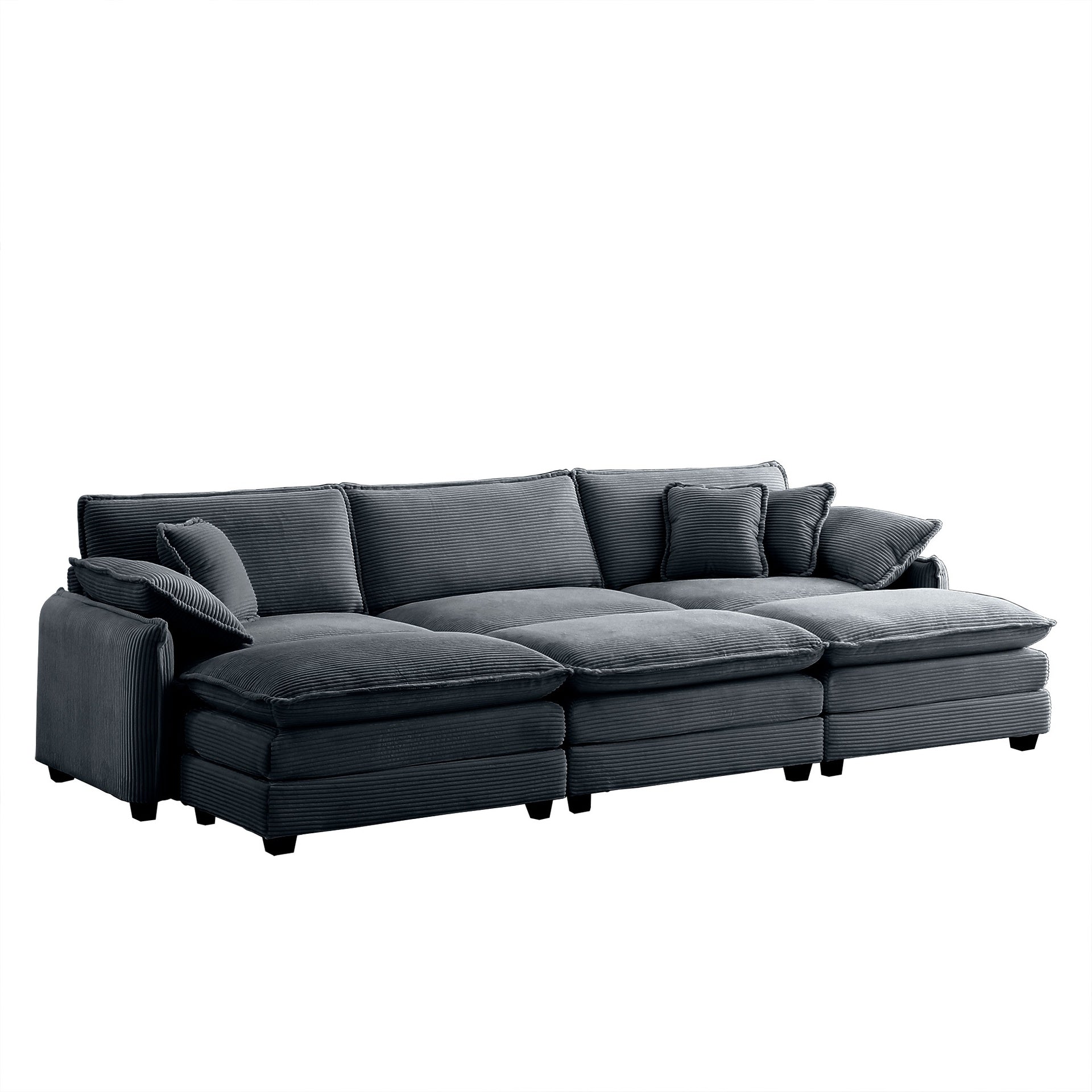 Oversized modular cushioned sofa,with 3 ottomans to work as sleeper sofa beds, 3-seater sofa with 3 footstools,Grey corduroy fabric