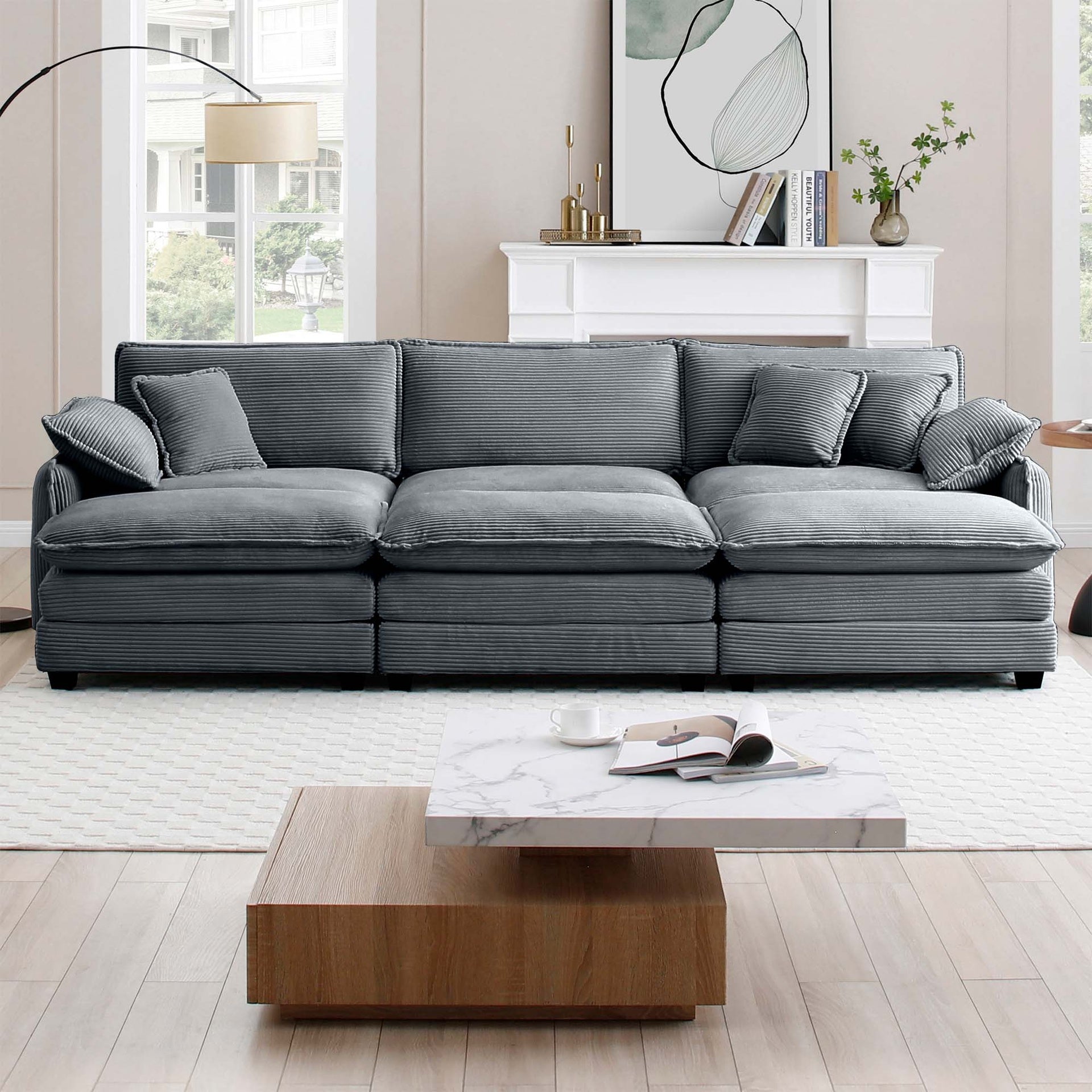 Oversized modular cushioned sofa,with 3 ottomans to work as sleeper sofa beds, 3-seater sofa with 3 footstools,Grey corduroy fabric