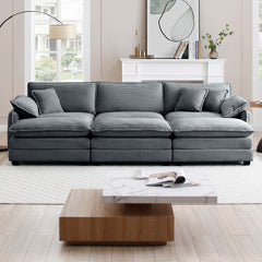 Oversized modular cushioned sofa,with 3 ottomans to work as sleeper sofa beds, 3-seater sofa with 3 footstools,Grey corduroy fabric