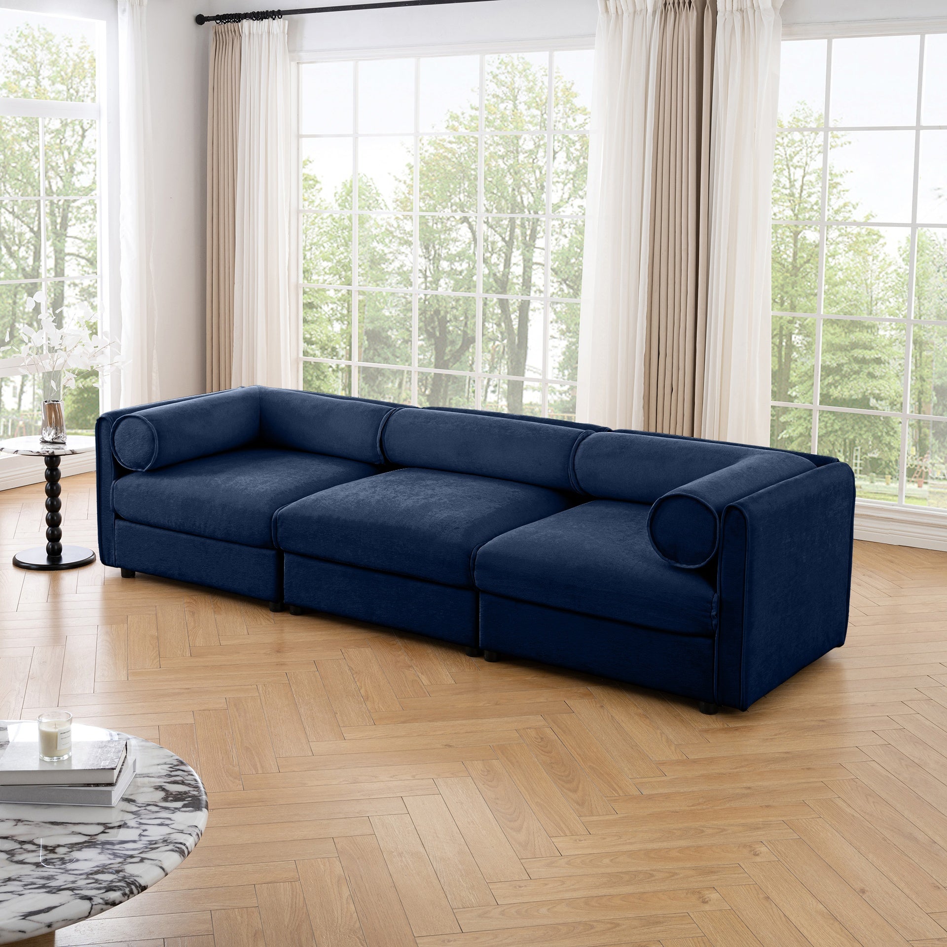 Modular Sectional Sofa with Storage, Cylindrical Backrest and Armrests Deep Comfortable Seating,Durable and Supportive for Living Room,4 Seat Sofa,Blue