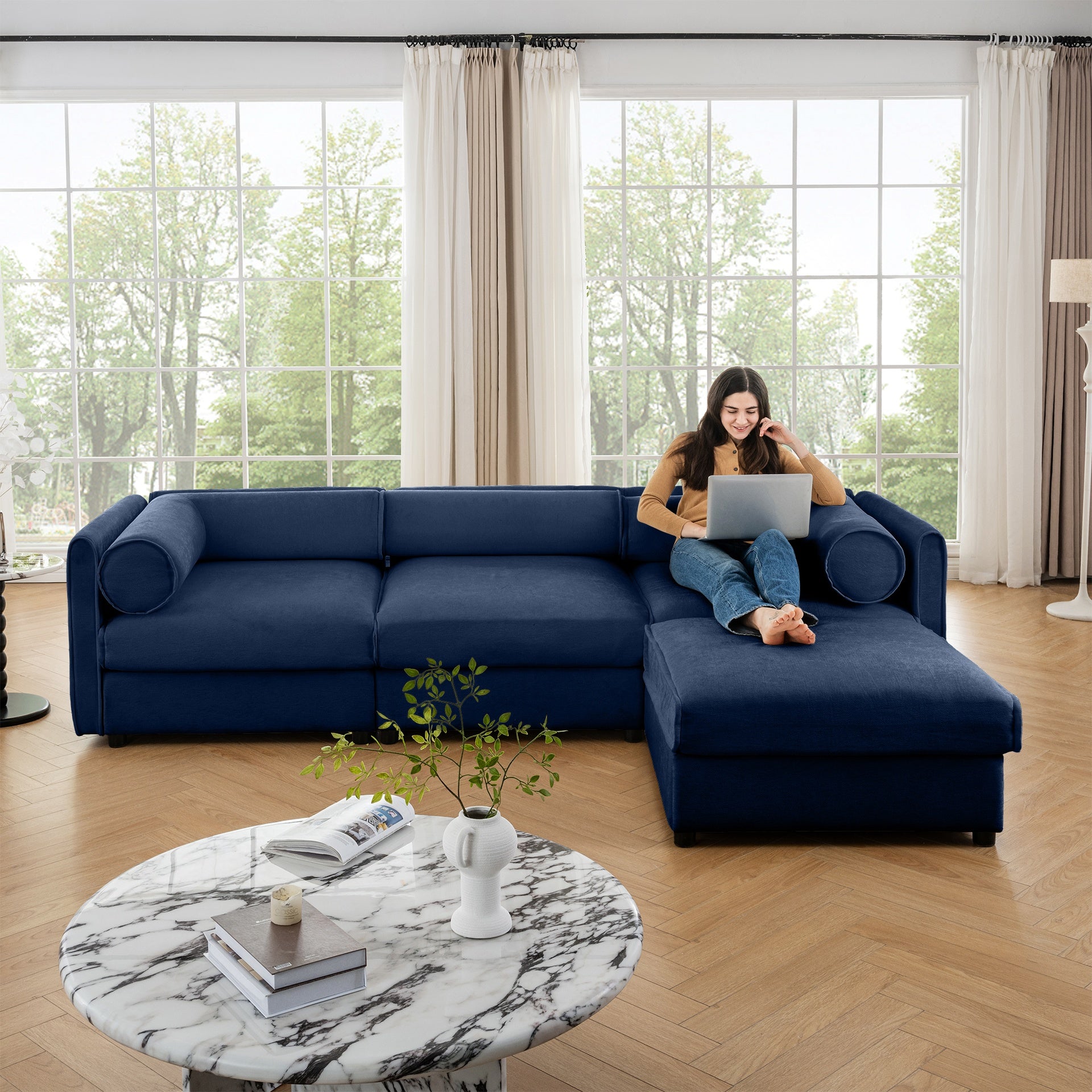 Elegant Blue Chenille  Sofa with Storage Seat and Ottoman, L-Shaped 3-Seater Cylindrical Backrest and Armrests, Contemporary 3-Seater Fabric Couch with Hidden Storage Compartment